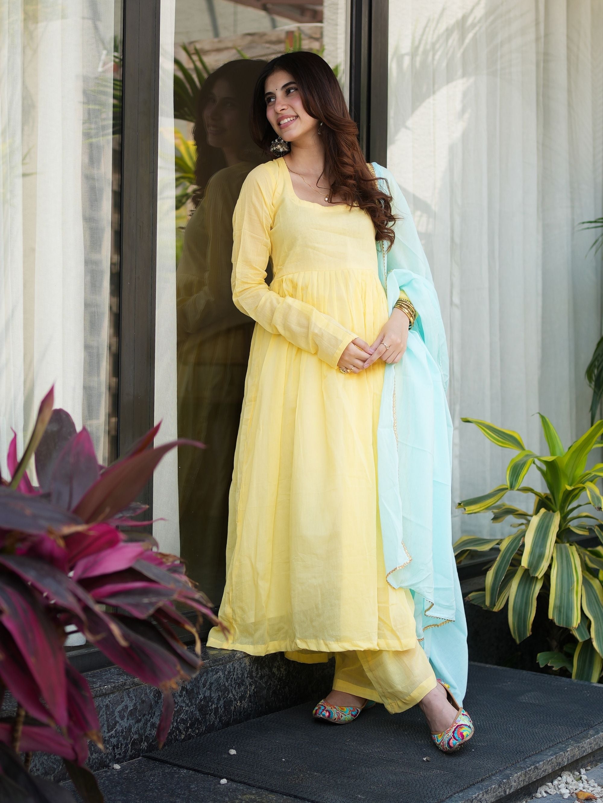 Sunlit Blossom Yellow Mul Cotton Anarkali Set with Powder Blue Dupatta