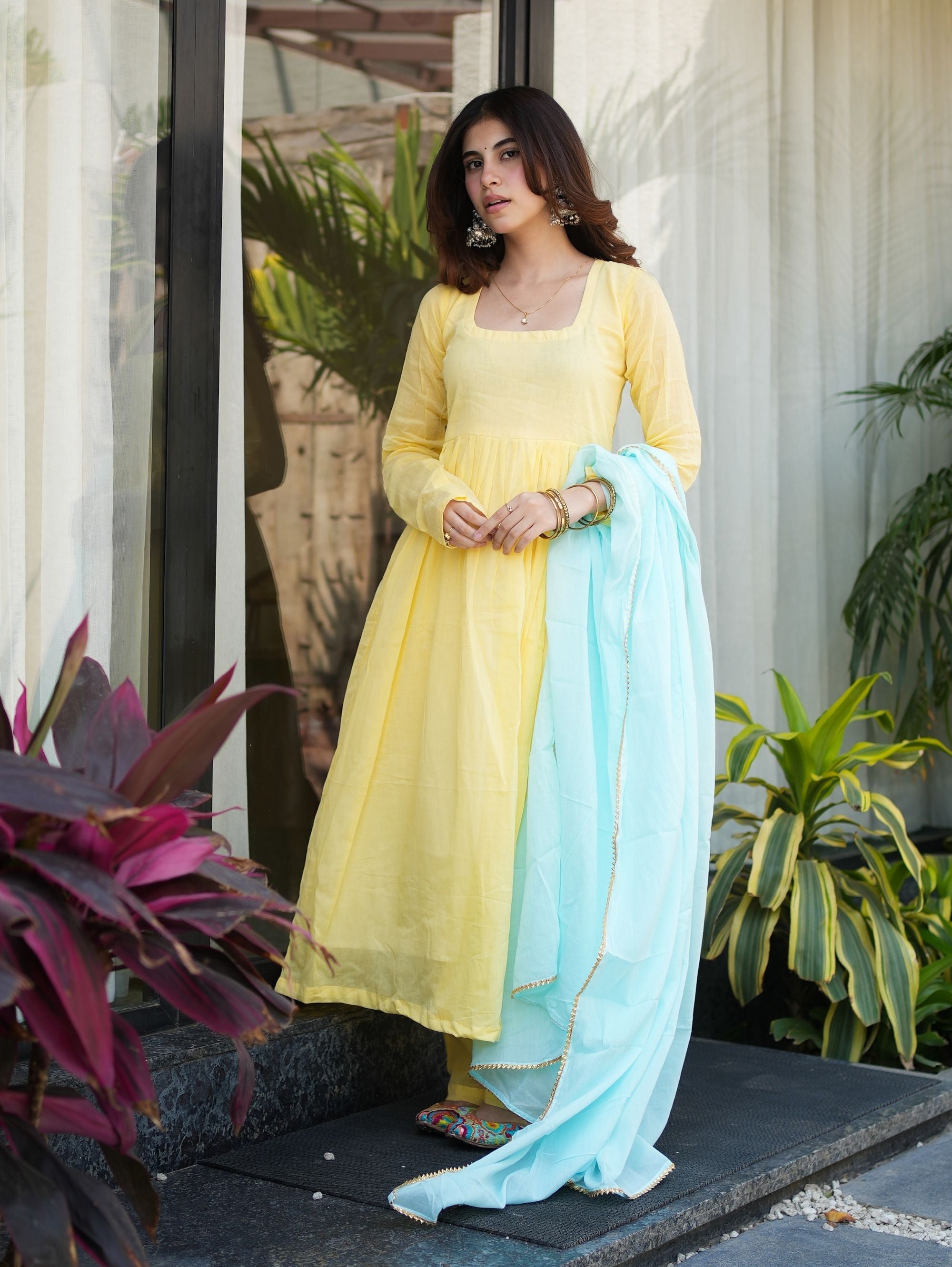 Sunlit Blossom Yellow Mul Cotton Anarkali Set with Powder Blue Dupatta