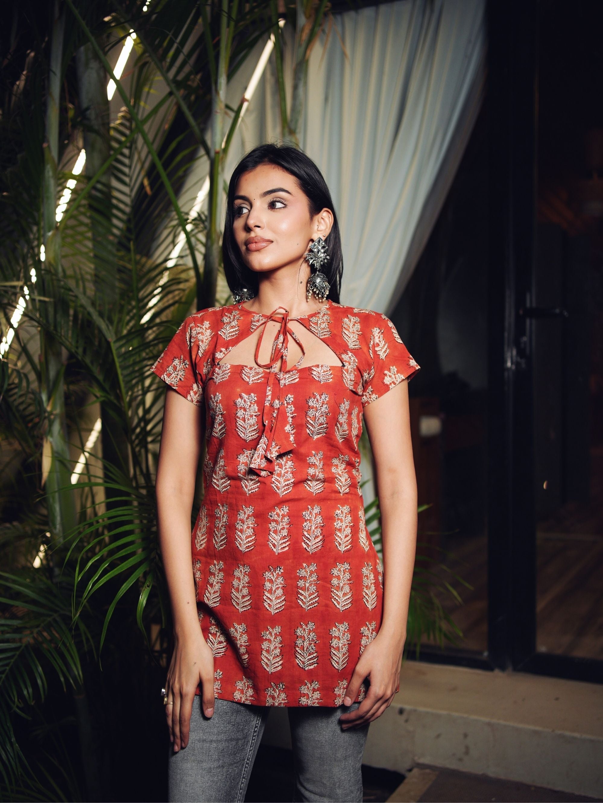Leela Short Kurti for Women - Red Bagru Handblock Cotton Empire Neck Kurti