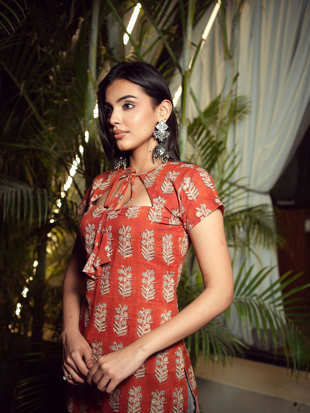 Leela Short Kurti for Women - Red Bagru Handblock Cotton Empire Neck Kurti