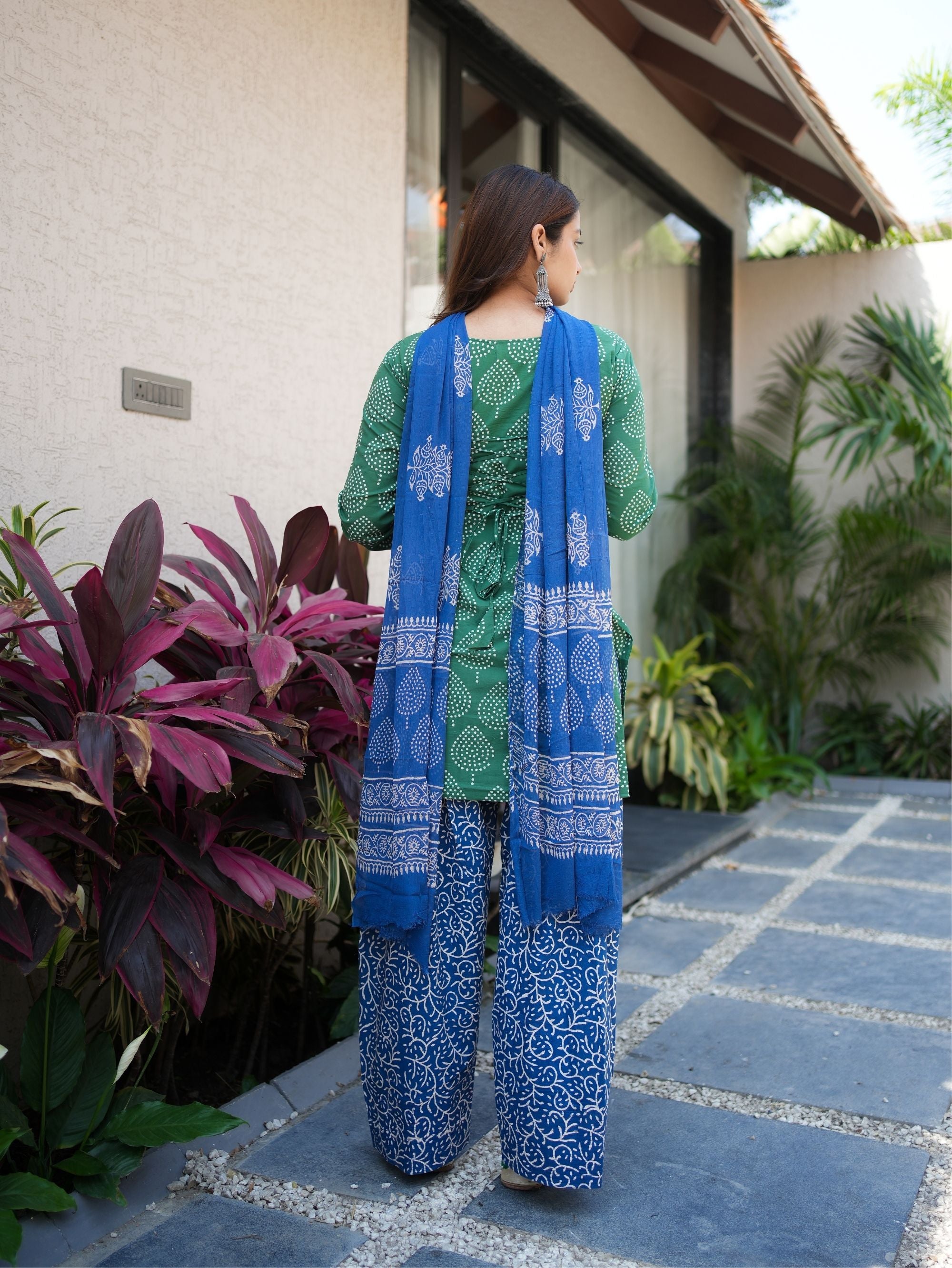 Secret Garden Green Blue Farshi Salwar Set with Chiffon Dupatta