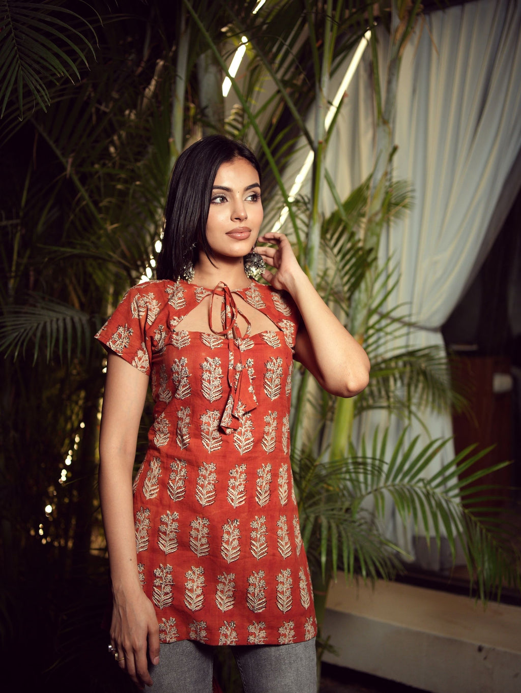 Leela Short Kurti for Women - Red Bagru Handblock Cotton Empire Neck Kurti