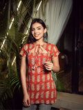 Leela Short Kurti for Women - Red Bagru Handblock Cotton Empire Neck Kurti