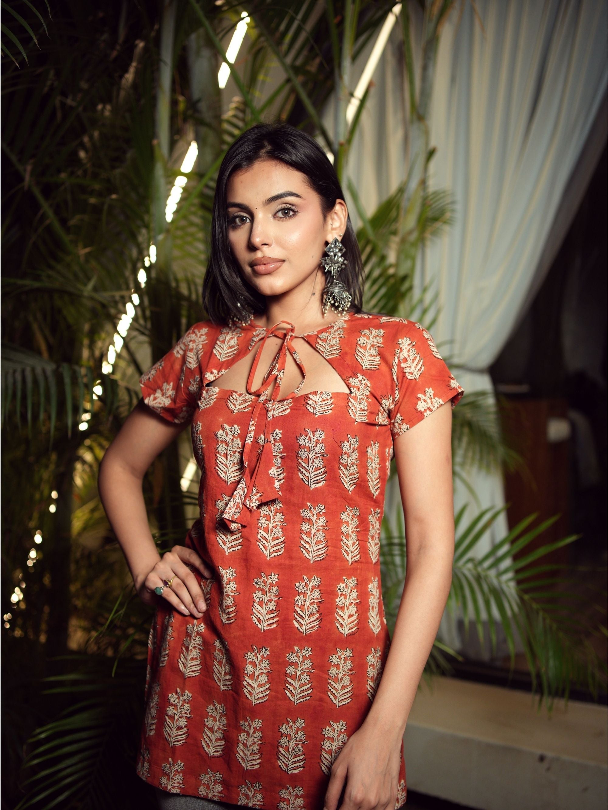 Leela Short Kurti for Women - Red Bagru Handblock Cotton Empire Neck Kurti