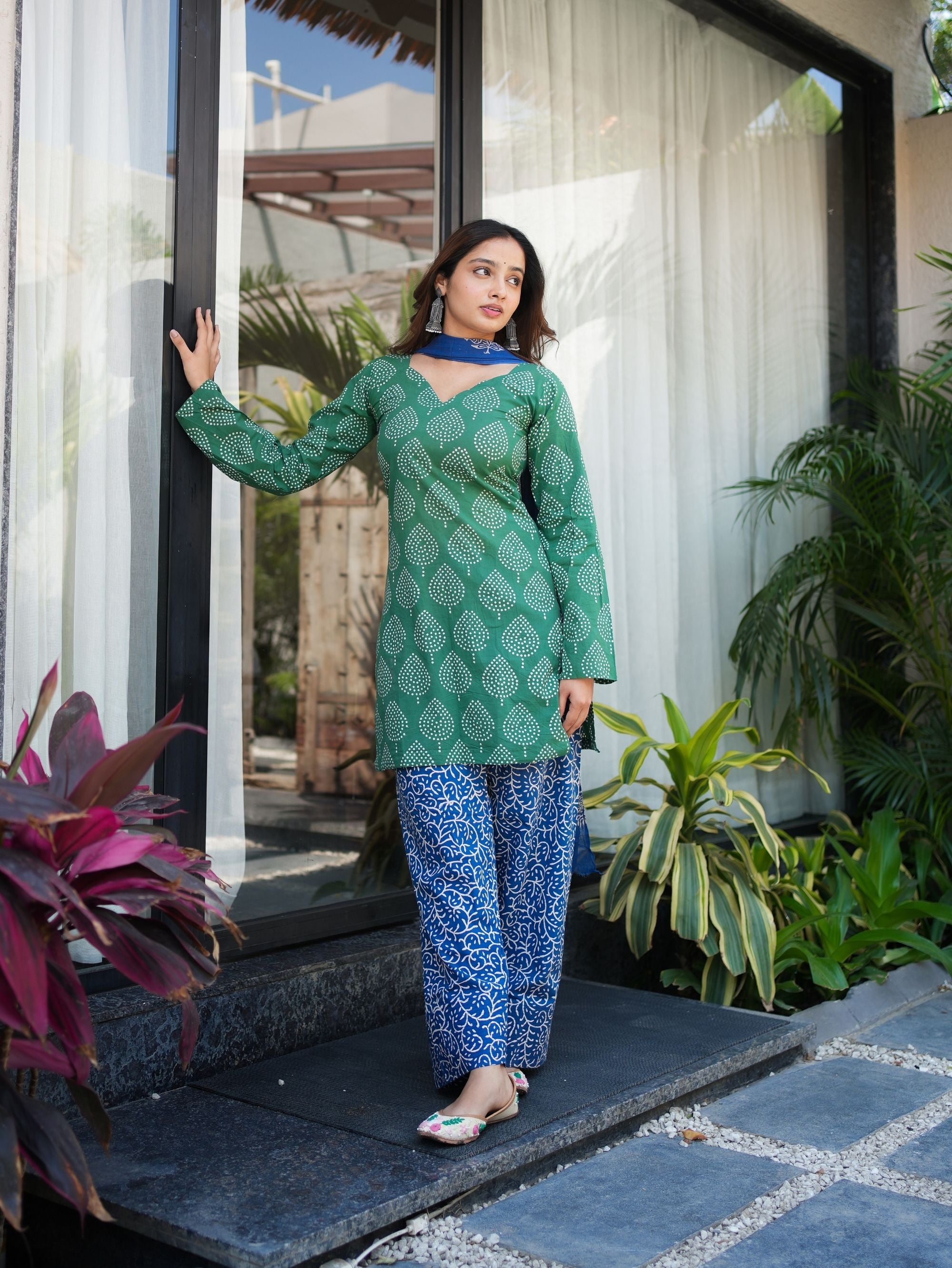 Secret Garden Green Blue Farshi Salwar Set with Chiffon Dupatta