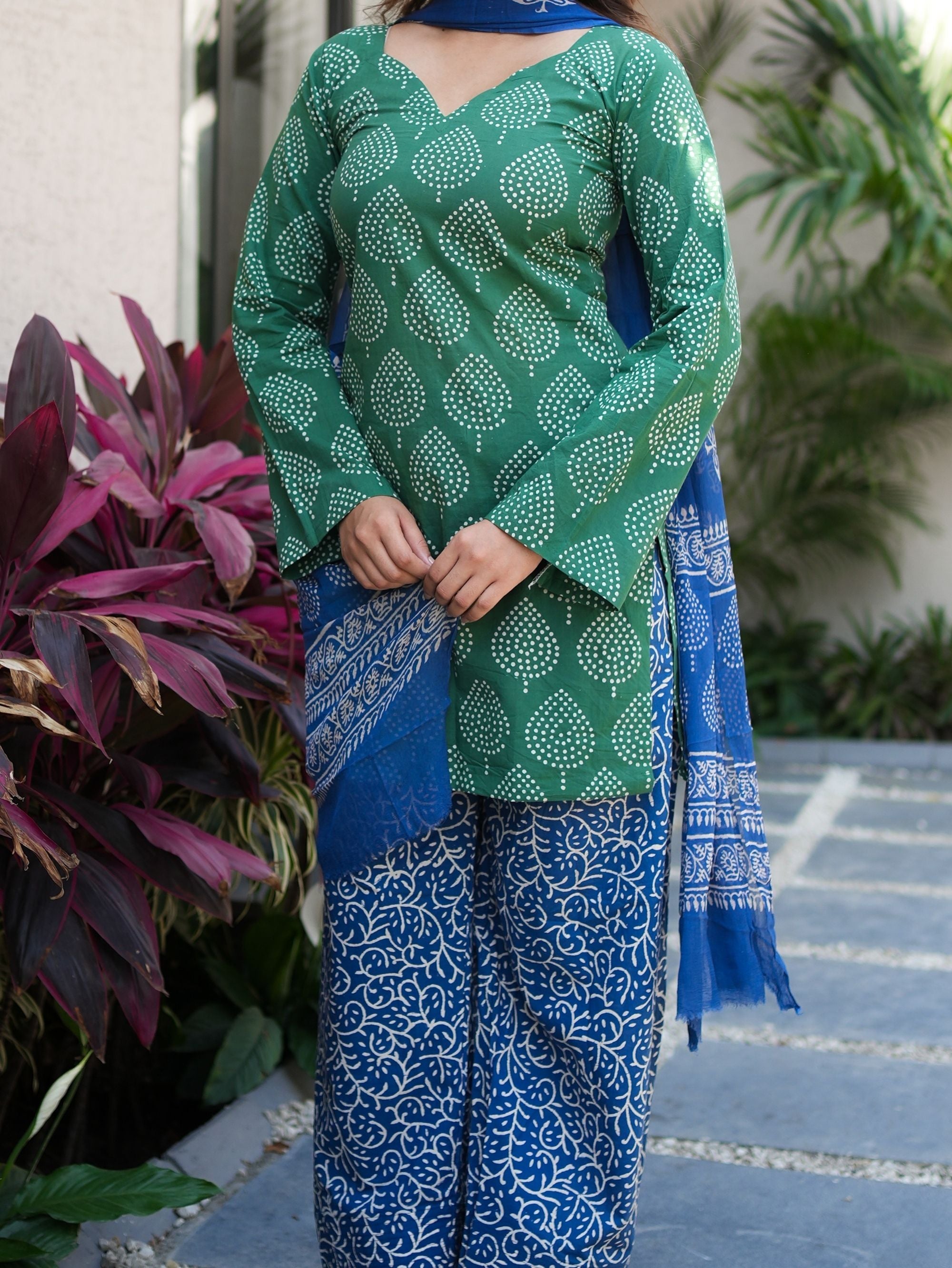 Secret Garden Green Blue Farshi Salwar Set with Chiffon Dupatta