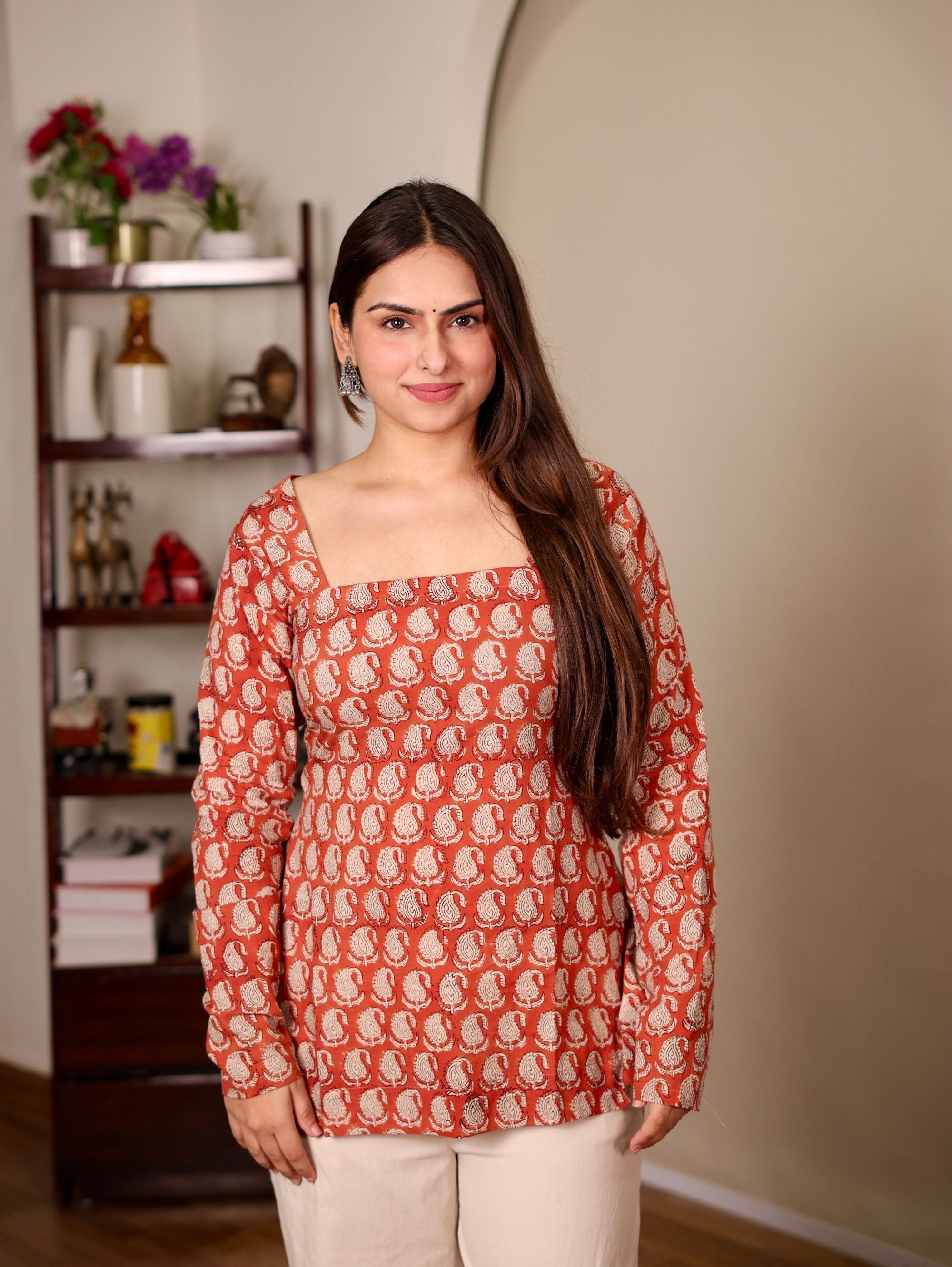 Kudrat Red Square Neck Short Kurti