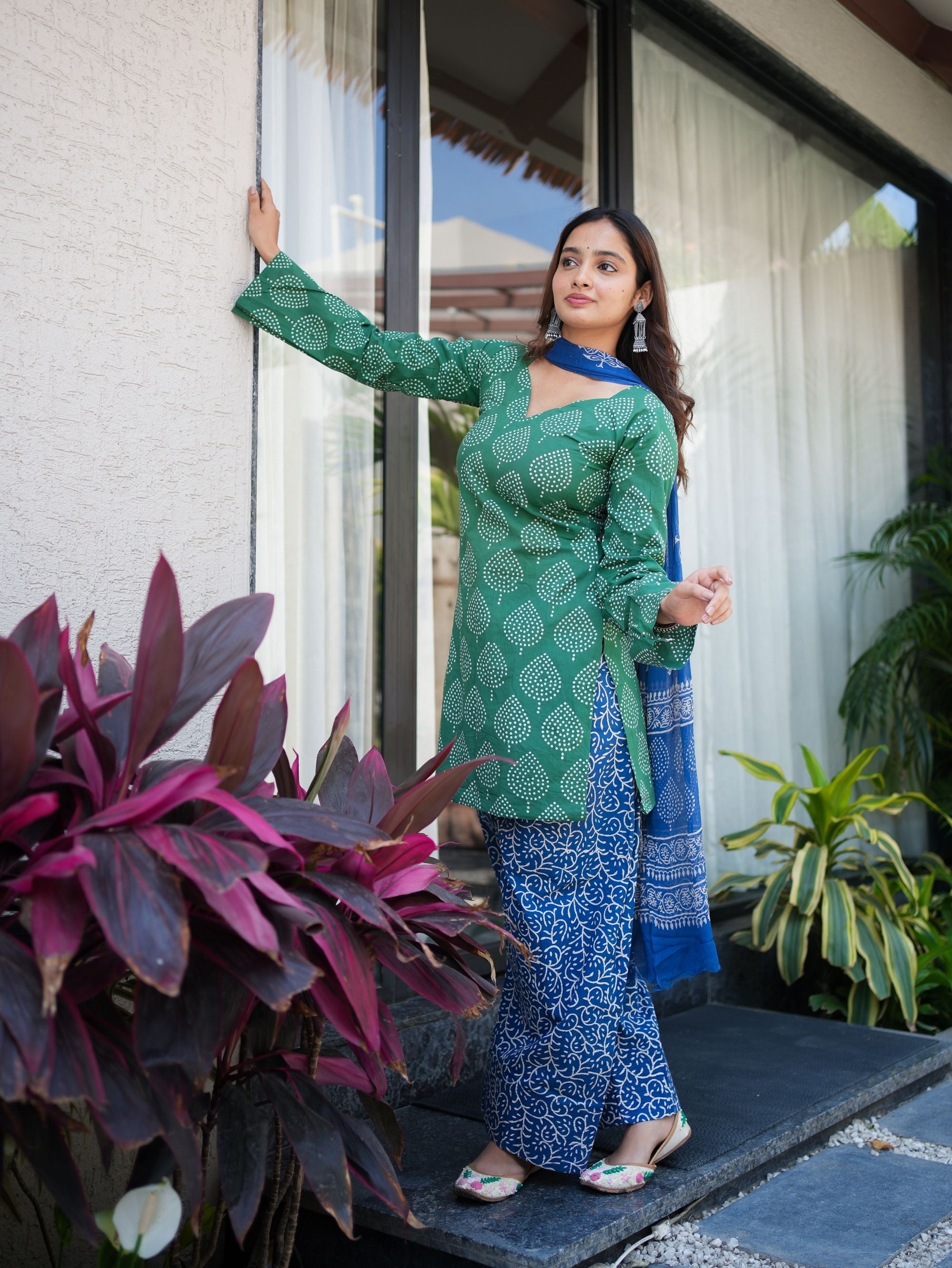 Secret Garden Green Blue Farshi Salwar Set with Chiffon Dupatta