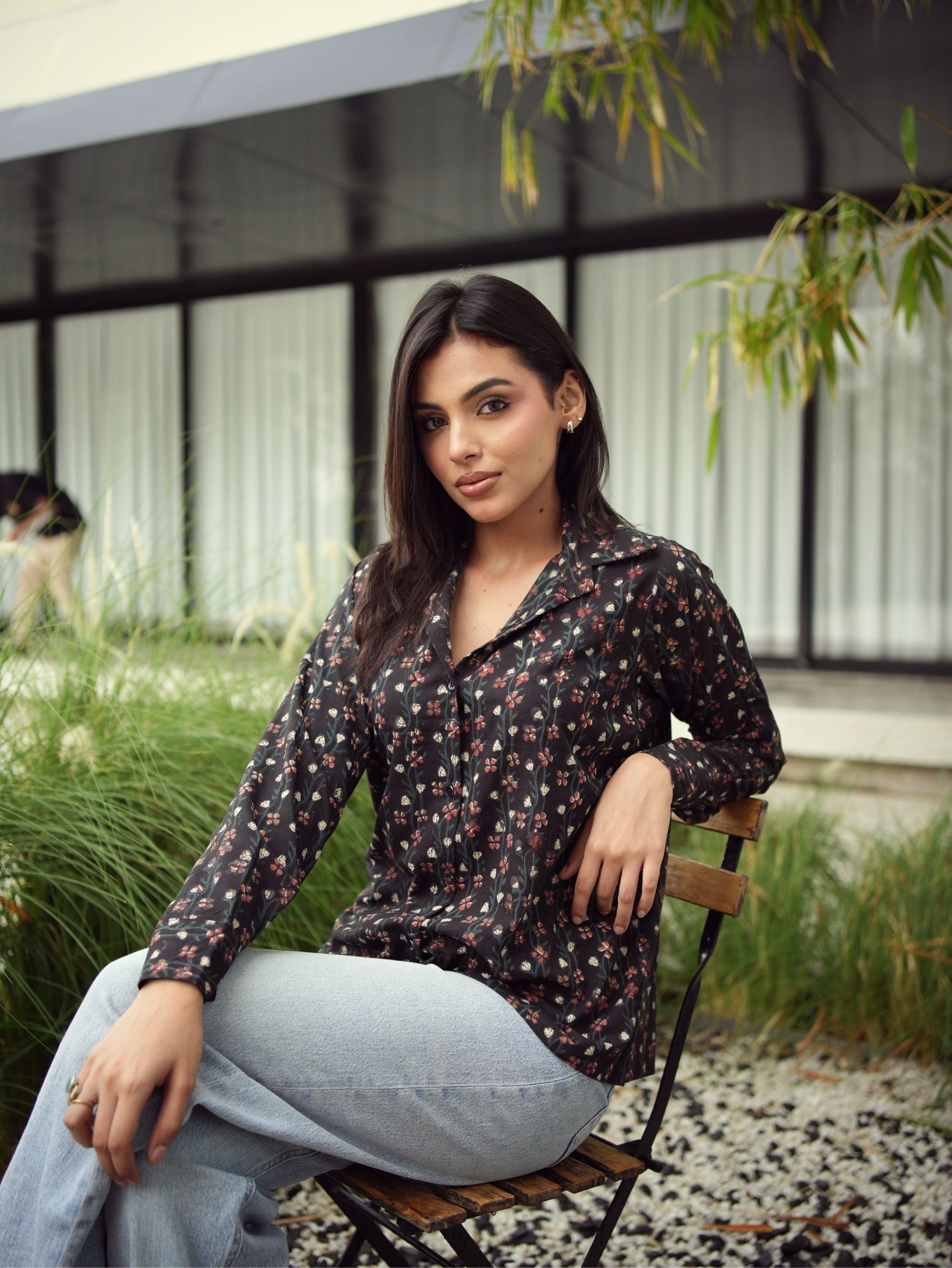 Alizeh Oversized Shirt for Women - Black Bagru Print Cotton Shirt