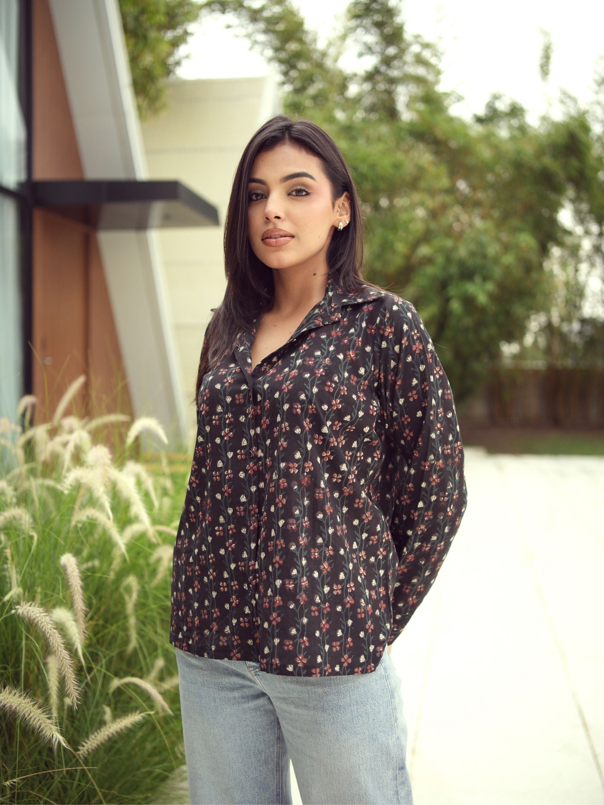 Alizeh Oversized Shirt for Women - Black Bagru Print Cotton Shirt