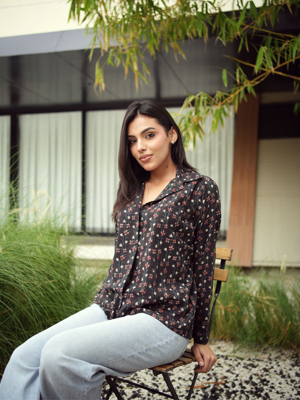 Alizeh Oversized Shirt for Women - Black Bagru Print Cotton Shirt