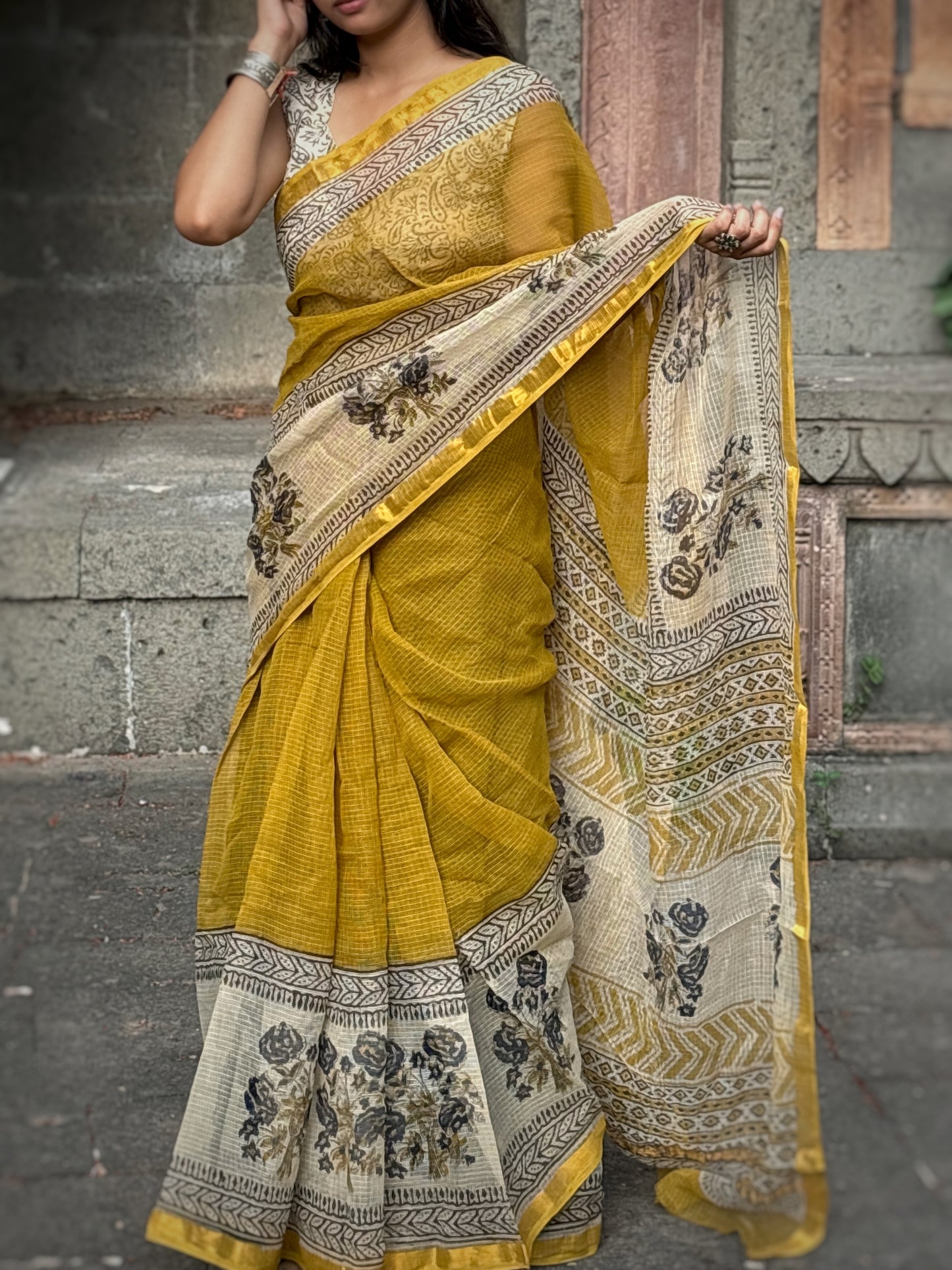 Yellow brown motif Kota doriya saree