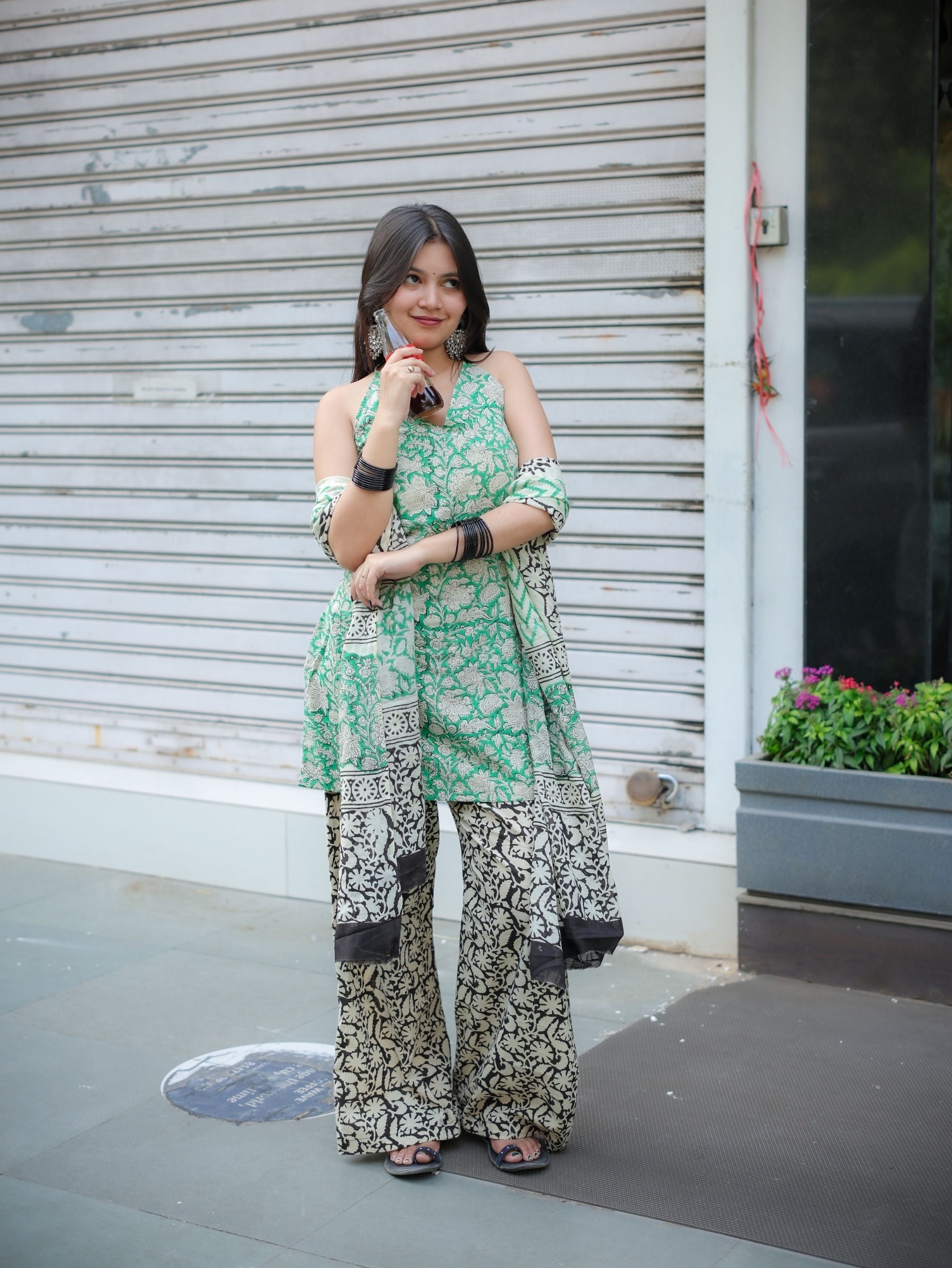 Mint Noor Cotton Handblock Three Piece Set with Halter Neck Kurta