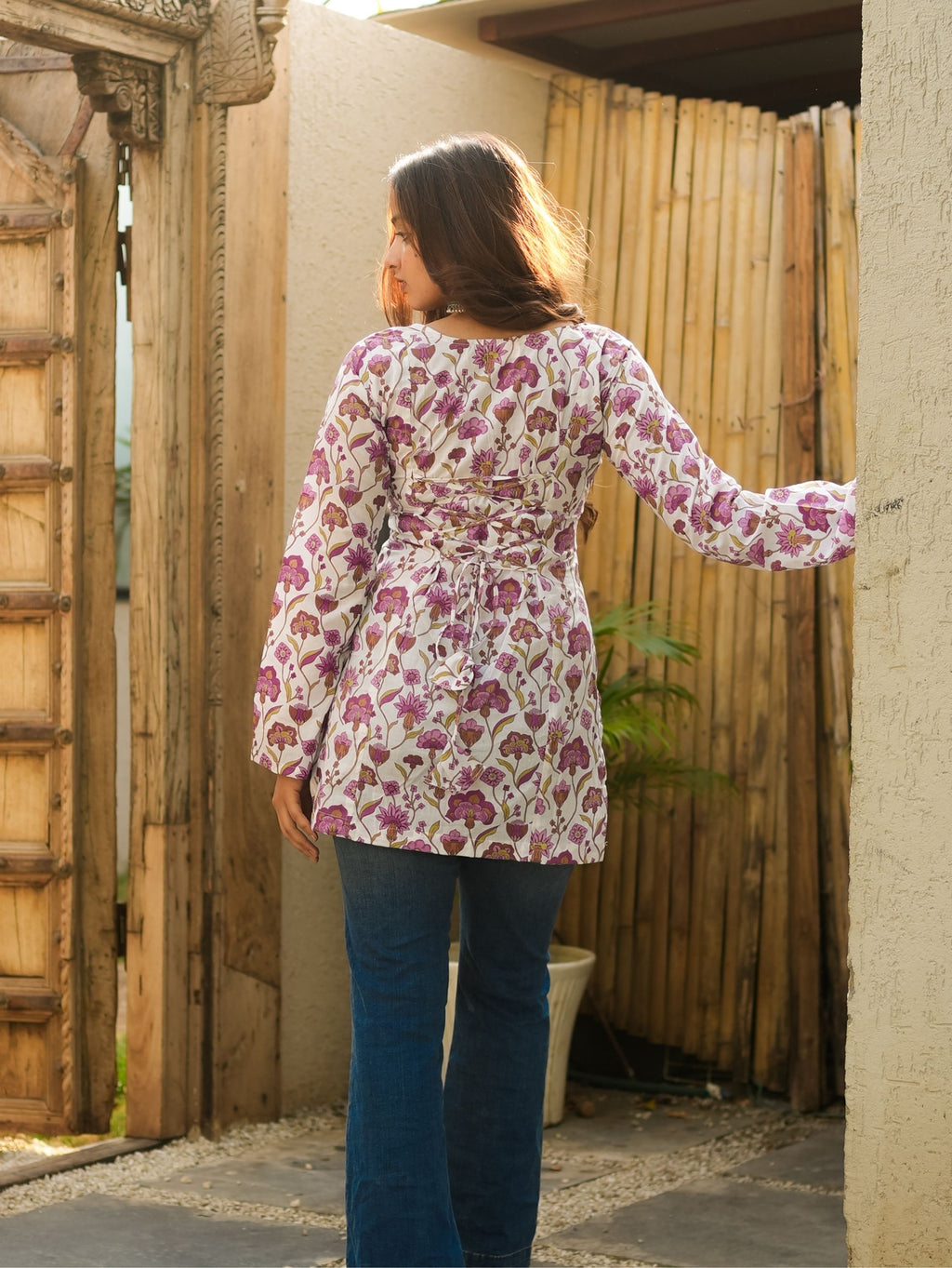 Flori White Cotton Short Kurti with Purple Floral Print