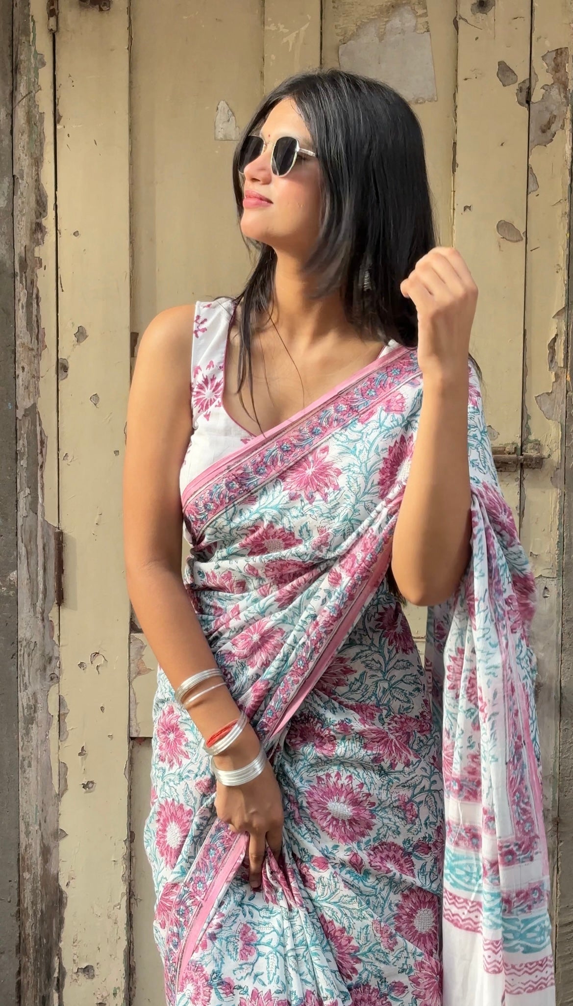 White cotton handblock printed  saree