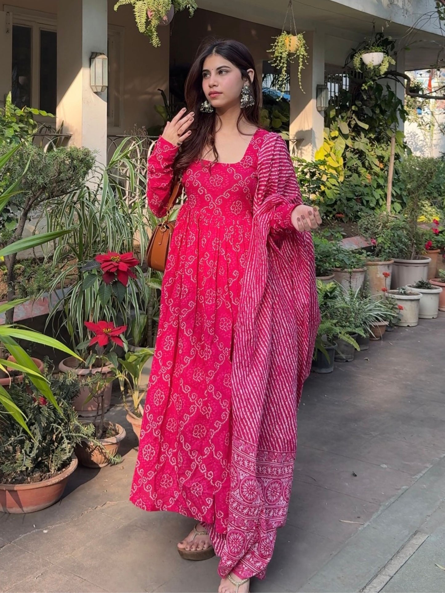 Pink Bandhej Cotton Anarkali 3 Piece Suit Set with Dupatta