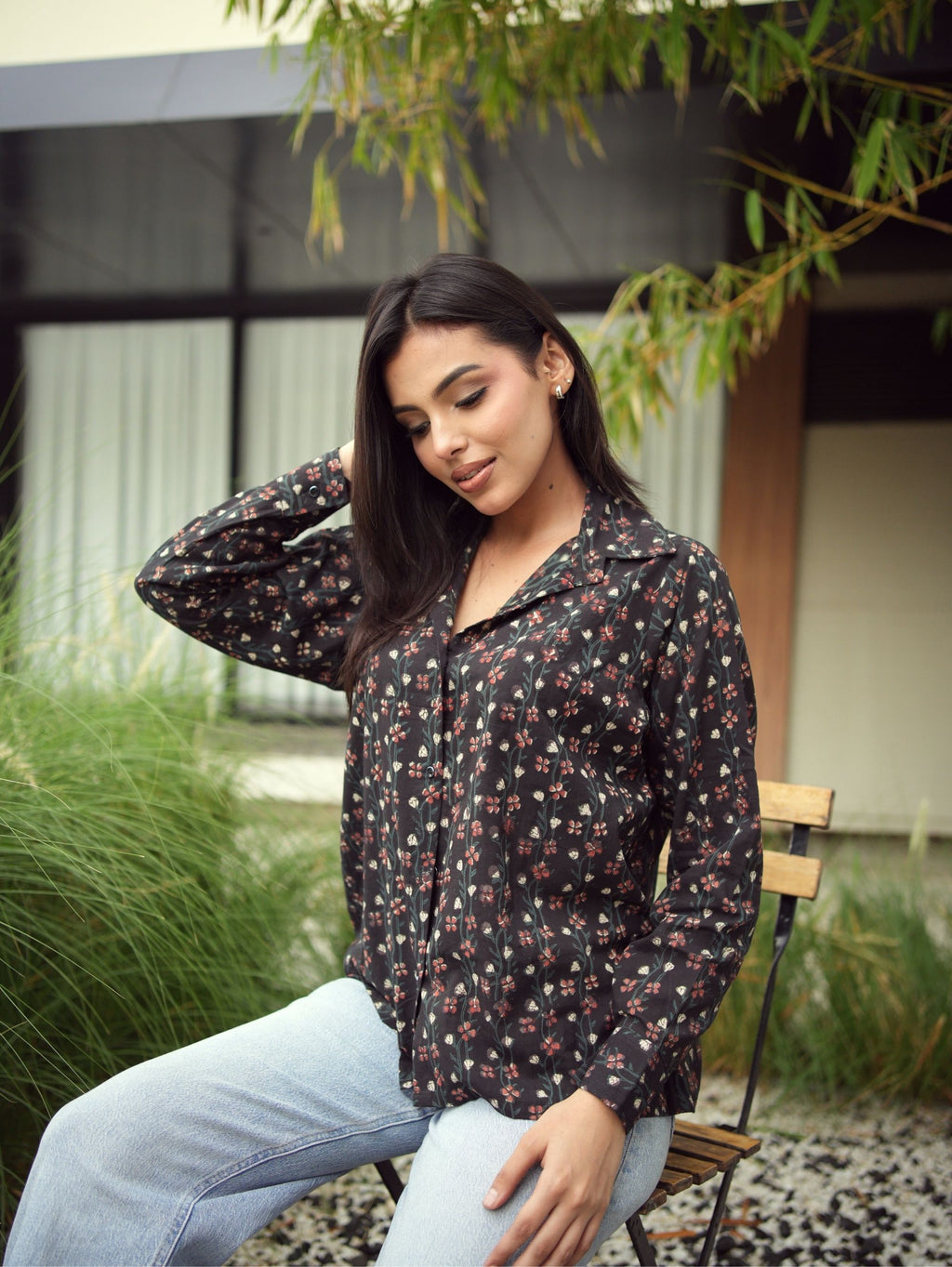 Alizeh Oversized Shirt for Women - Black Bagru Print Cotton Shirt