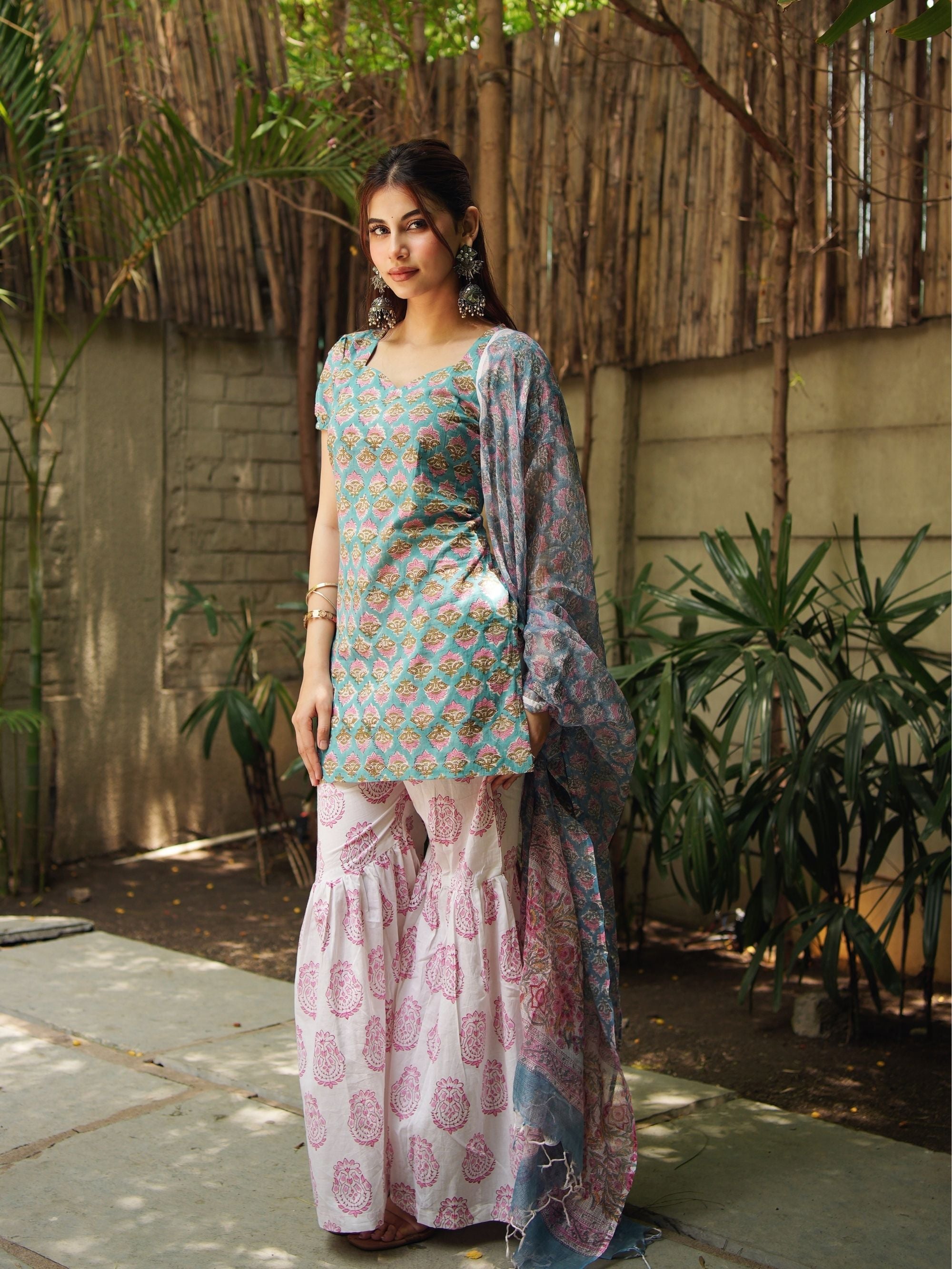 Mahi Handblock Cotton Sharara Set with Kota Doriya Dupatta for Women