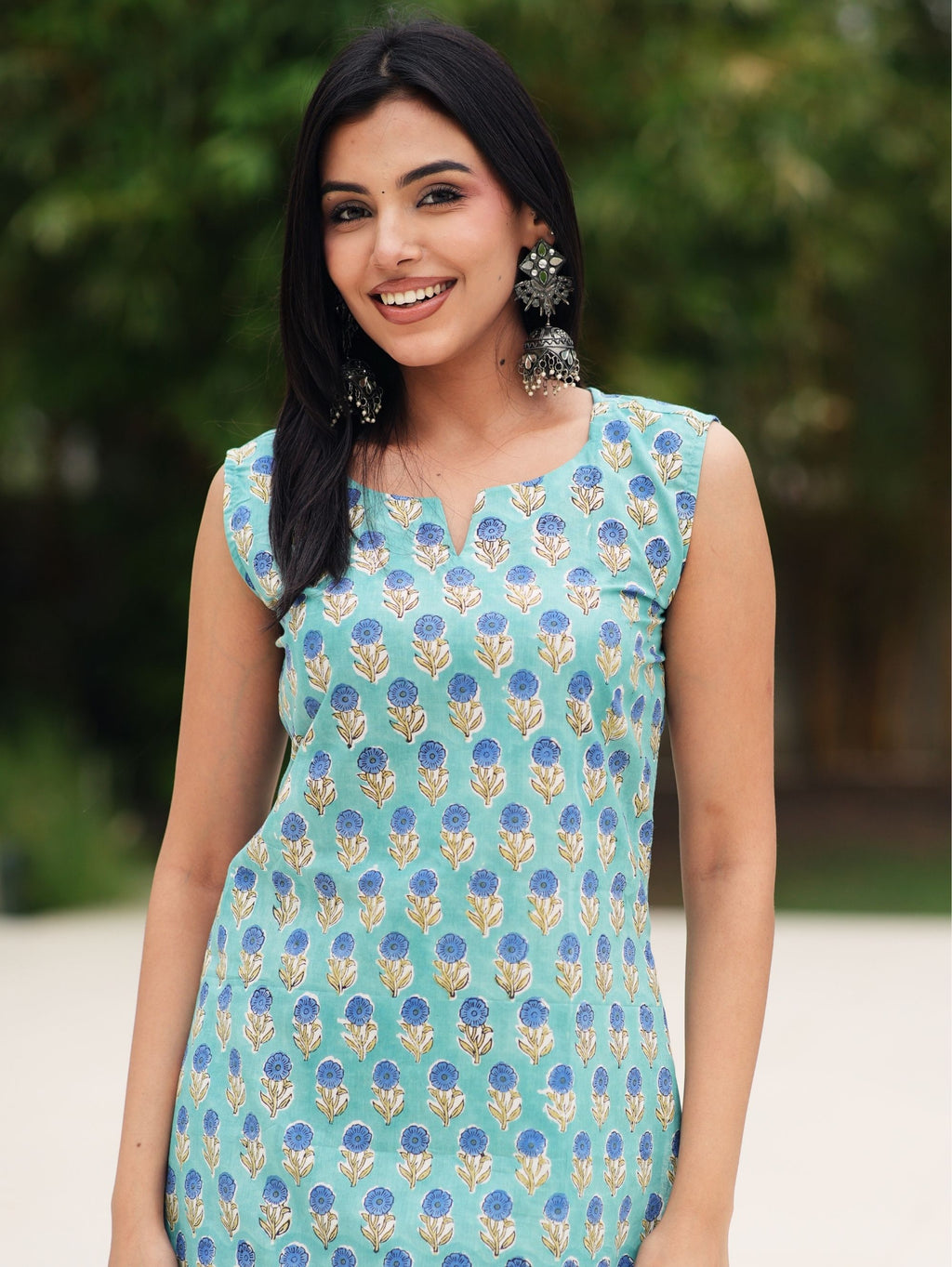 Rukhsar Sleeveless Blue & Green Cotton Farshi Set for Women