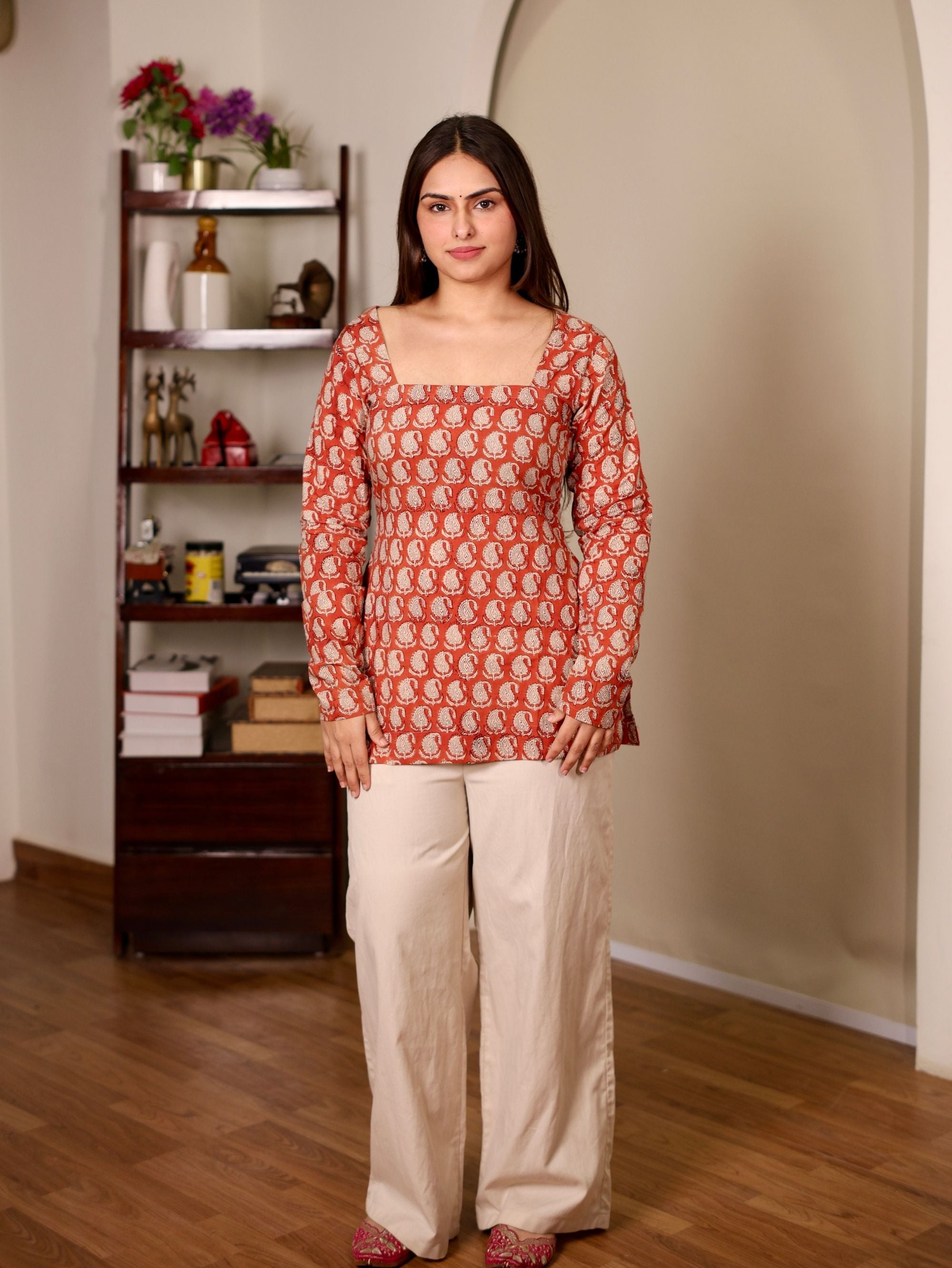 Kudrat Red Square Neck Short Kurti