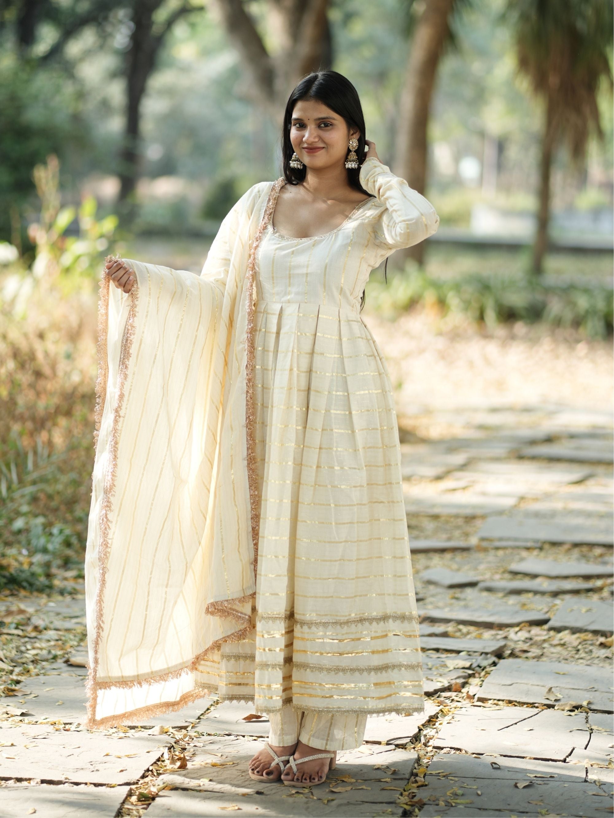 Mastani Noor Beige Cotton Anarkali 3 Piece Suit Set with Zari Work