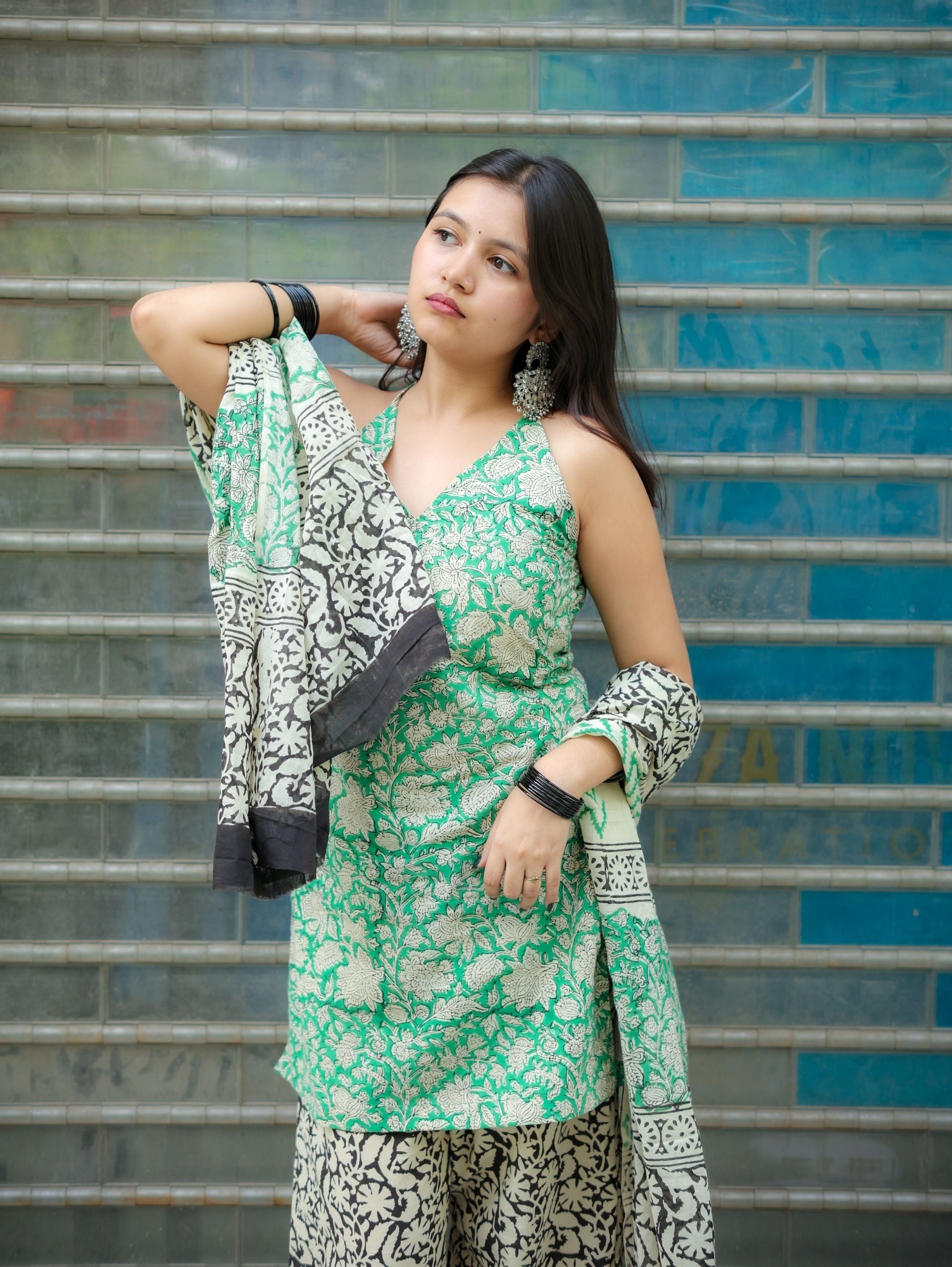 Mint Noor Cotton Handblock Three Piece Set with Halter Neck Kurta