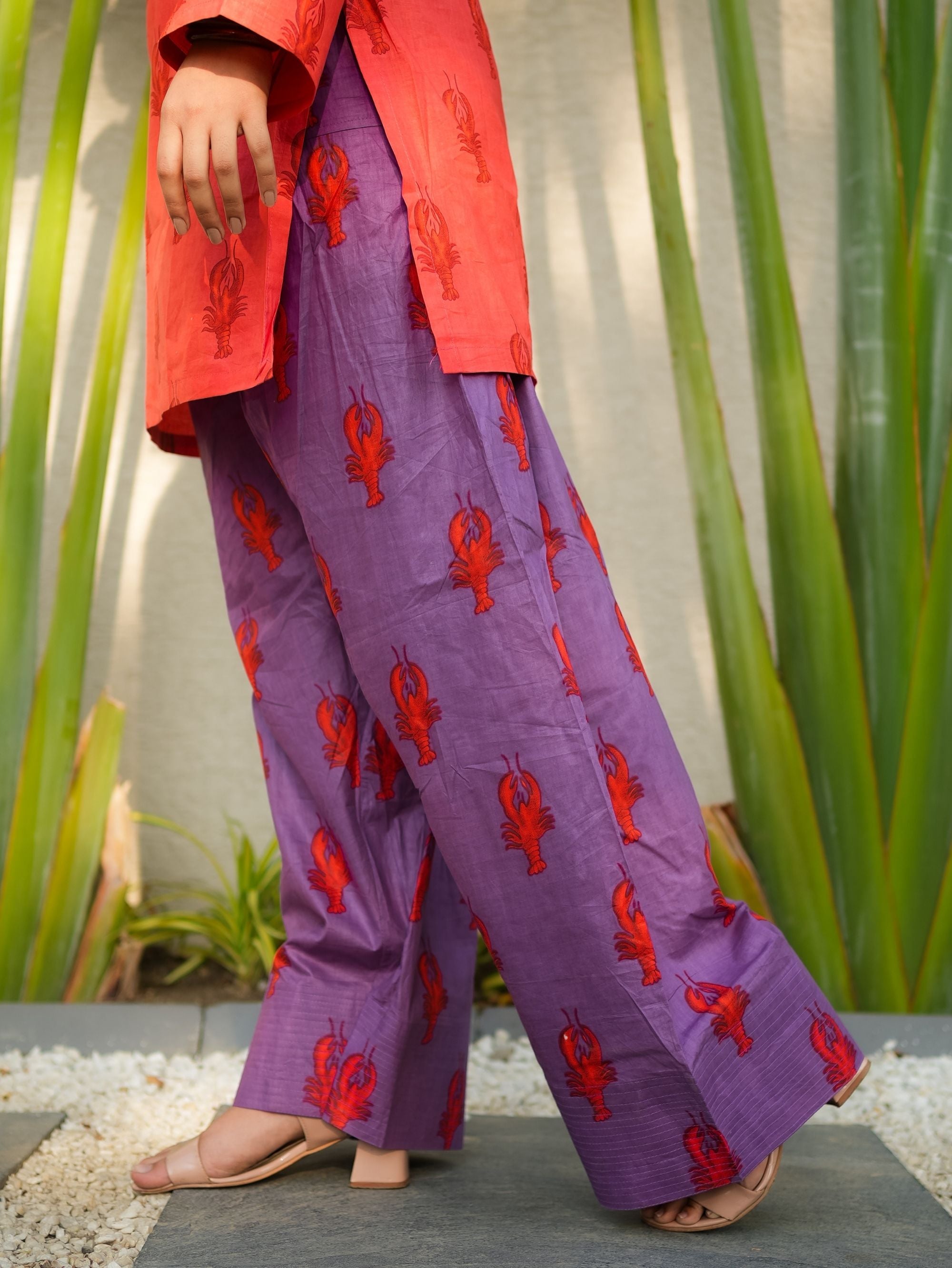 Twilight Bloom Red Purple Handblock Kurta Set with Farshi Salwar