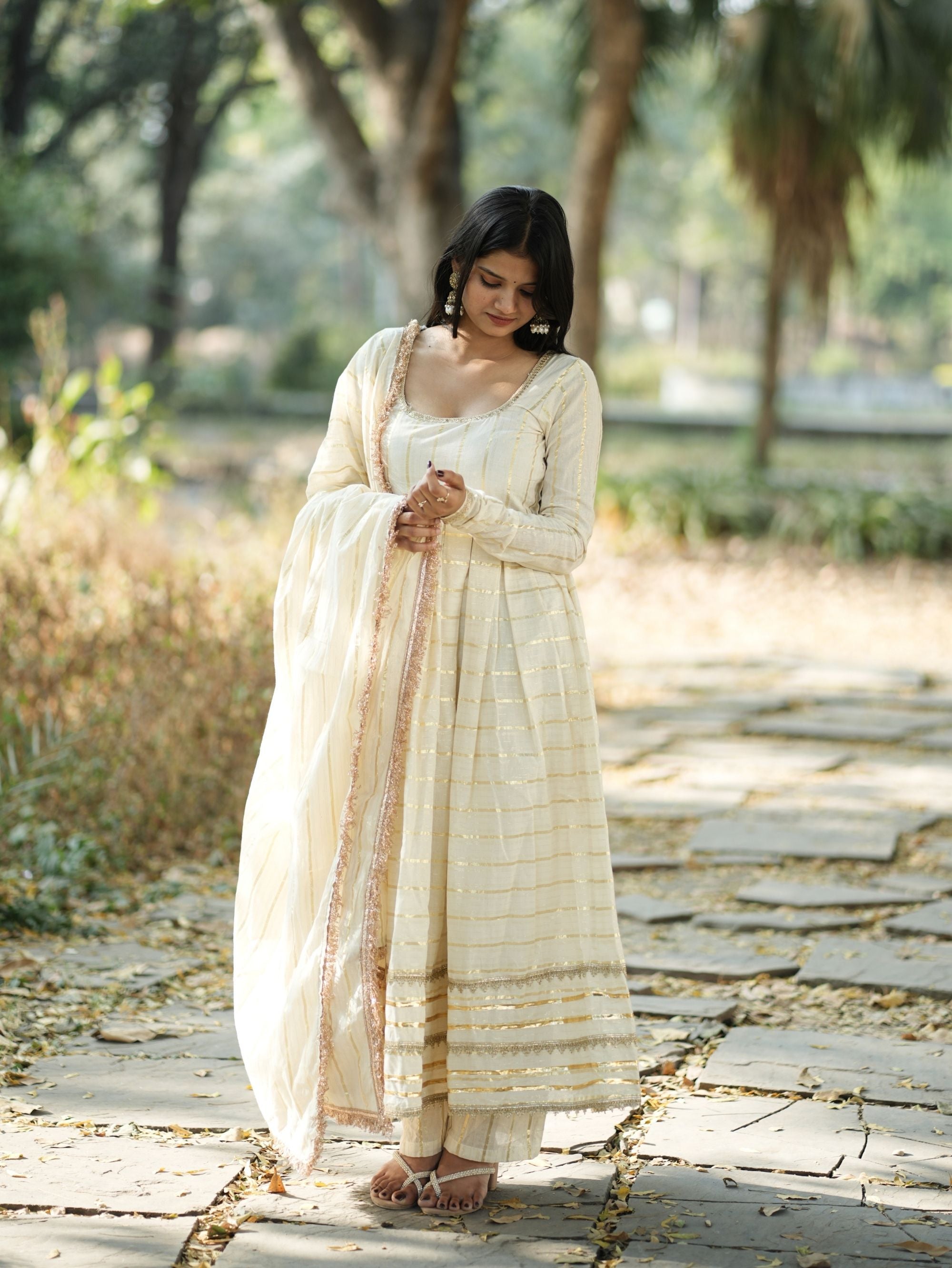 Mastani Noor Beige Cotton Anarkali 3 Piece Suit Set with Zari Work