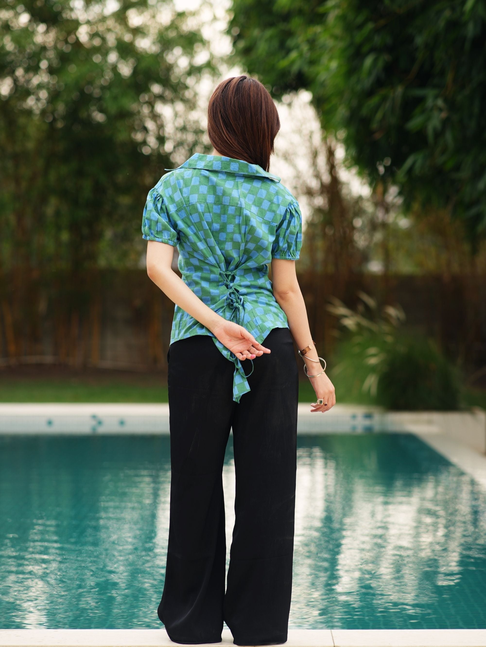 Ruhi Cotton Shirt for Women - Green & Blue Puff Sleeve Shirt