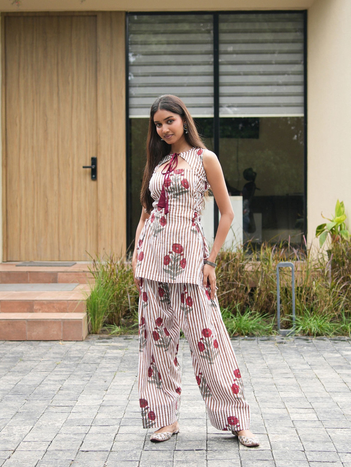 Shehnaz Red Striped Two Piece Farshi Set
