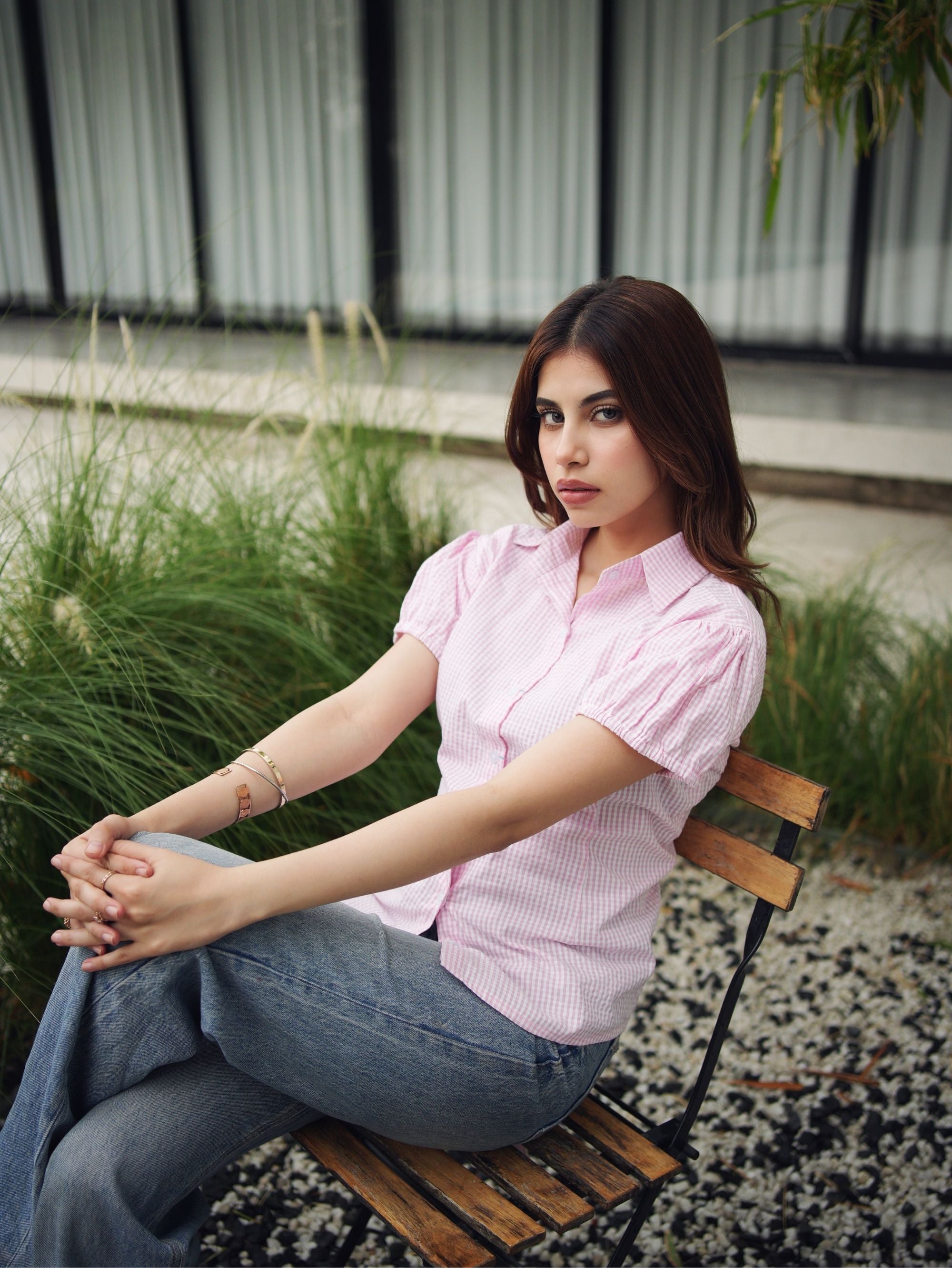 Ayesha Seersucker Cotton Shirt for Women - Pink & White Puff Sleeve Shirt
