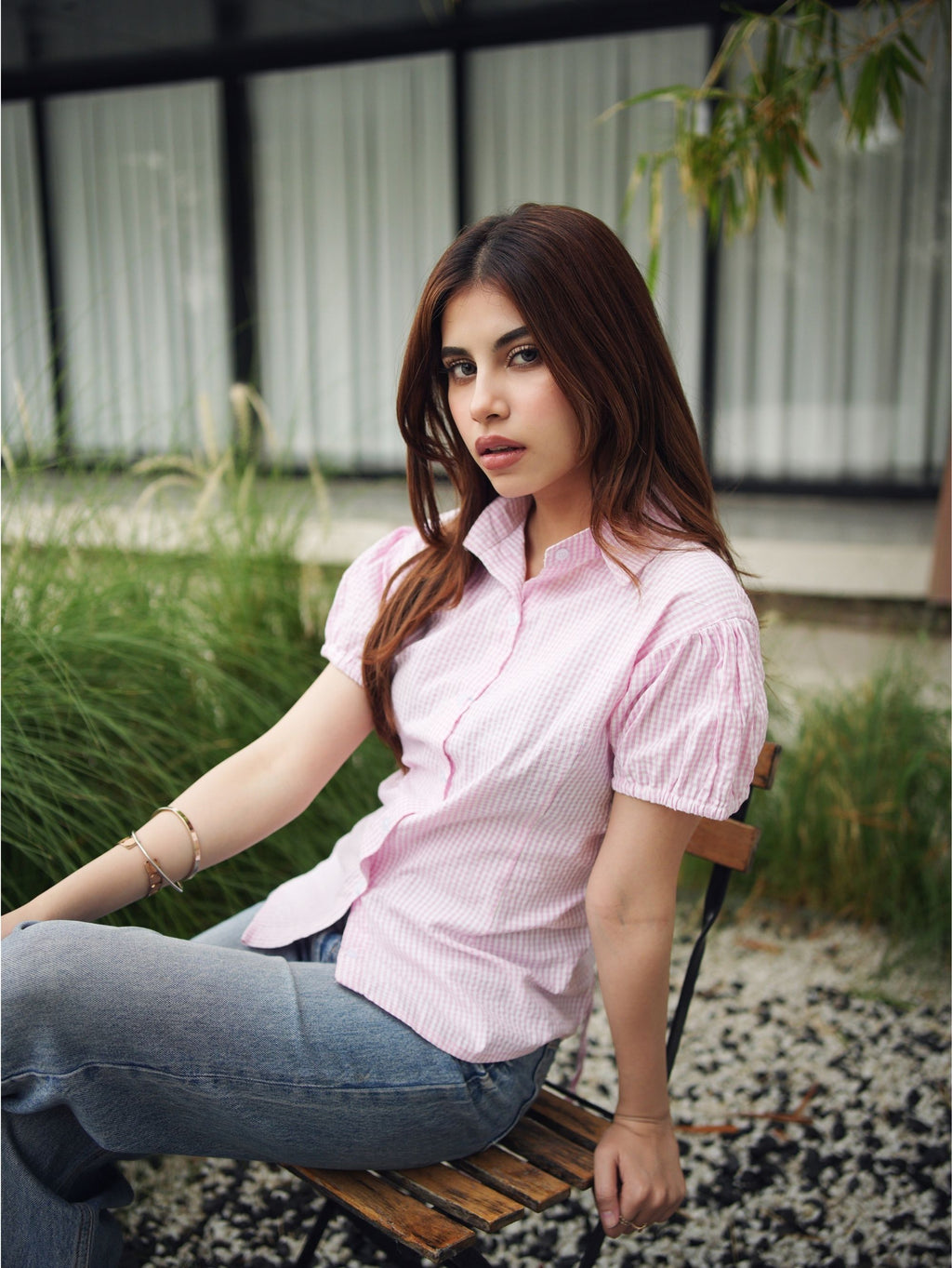 Ayesha Seersucker Cotton Shirt for Women - Pink & White Puff Sleeve Shirt