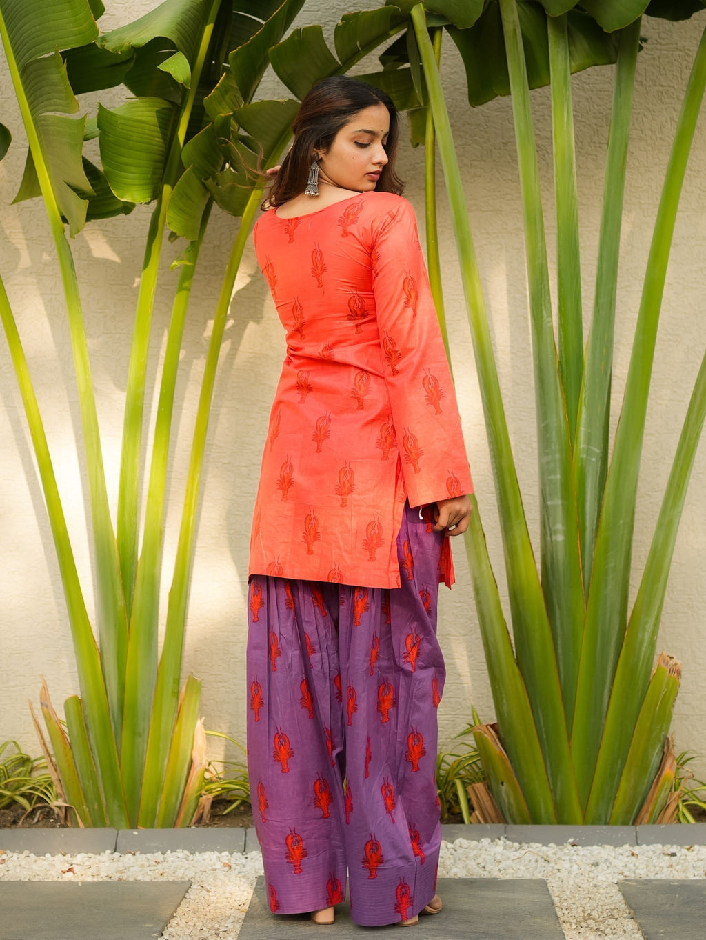 Twilight Bloom Red Purple Handblock Kurta Set with Farshi Salwar
