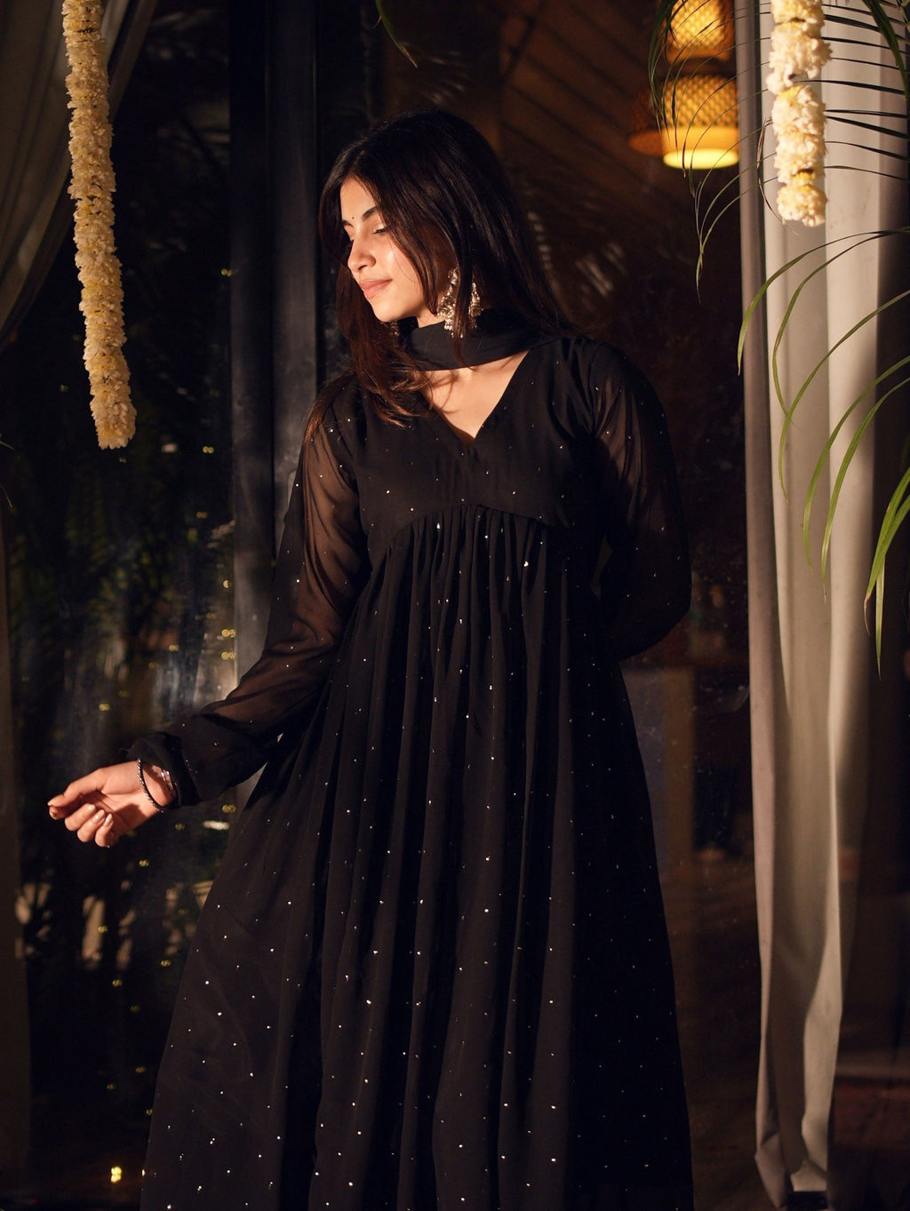 Cham Cham Black Alia Cut Three Piece Anarkali Set
