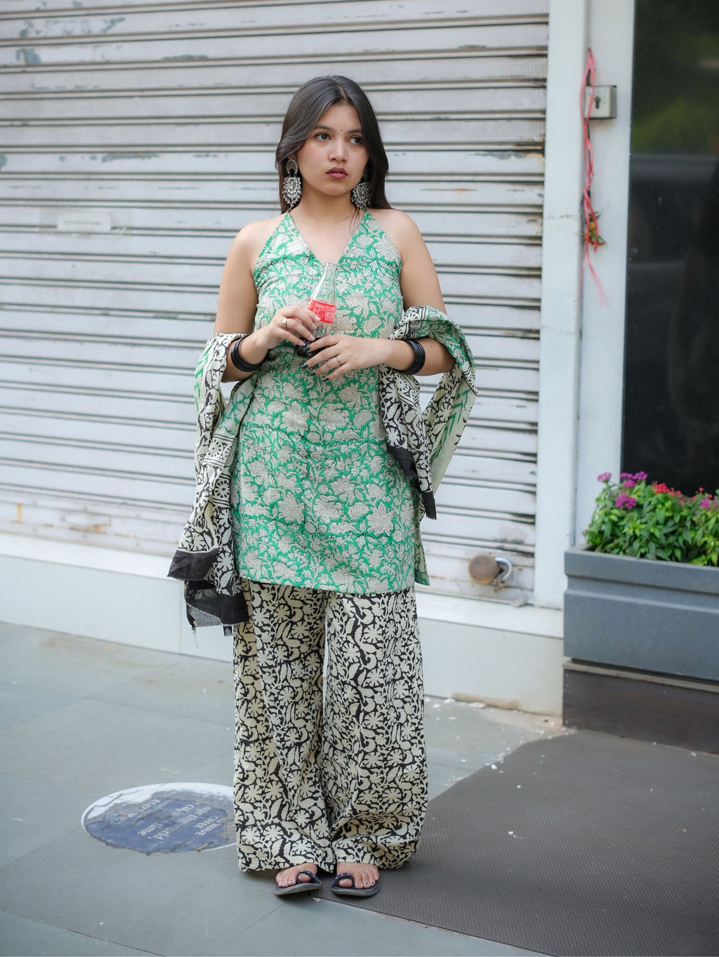 Mint Noor Cotton Handblock Three Piece Set with Halter Neck Kurta