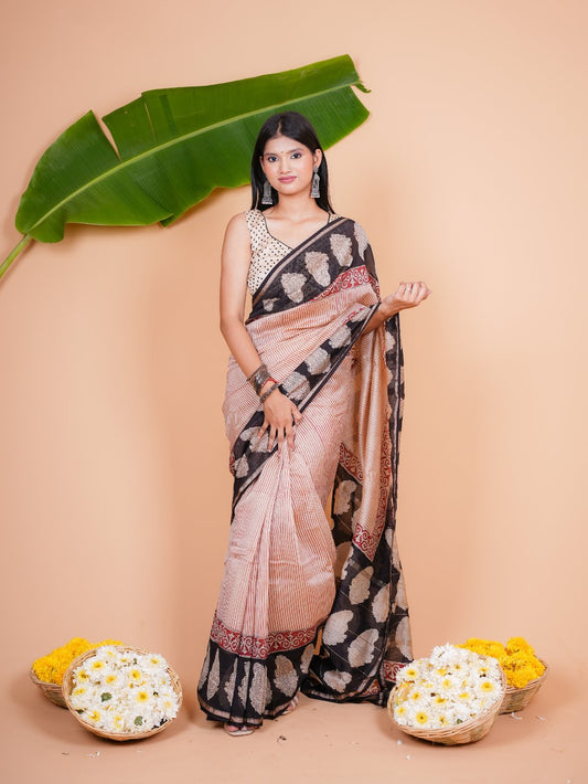 Vaidehi Rust Red and Black Chanderi Saree