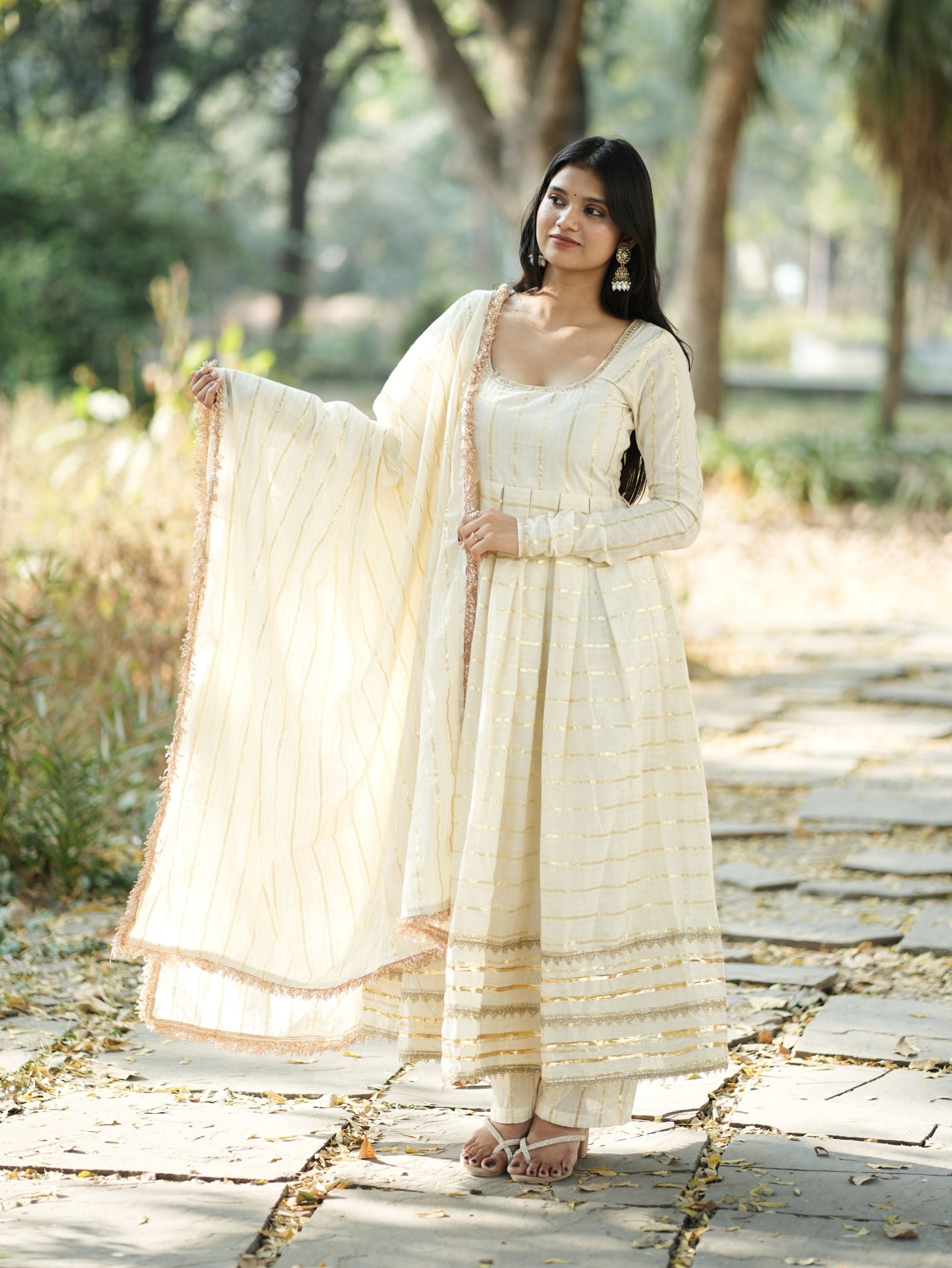 Mastani Noor Beige Cotton Anarkali 3 Piece Suit Set with Zari Work