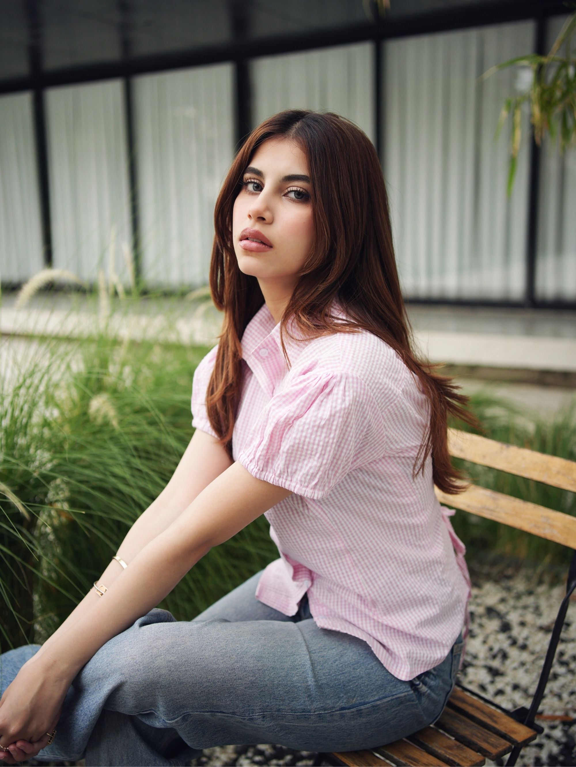 Ayesha Seersucker Cotton Shirt for Women - Pink & White Puff Sleeve Shirt