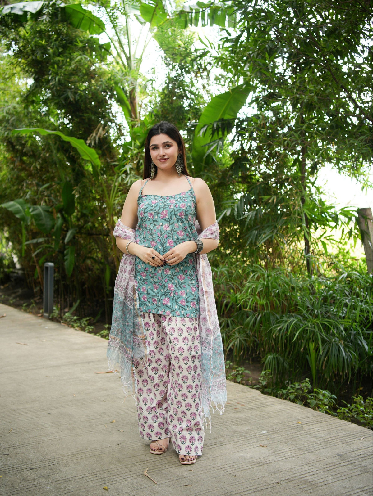 Meher Blue, Green & Pink Three Piece Farshi Set