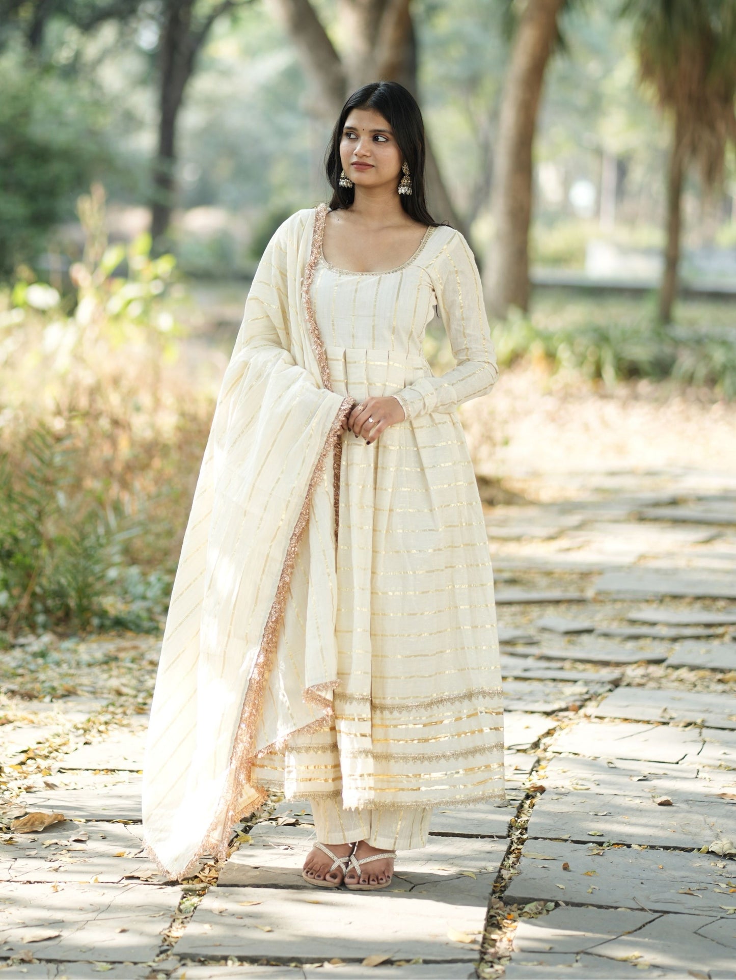 Mastani Noor Beige Cotton Anarkali 3 Piece Suit Set with Zari Work