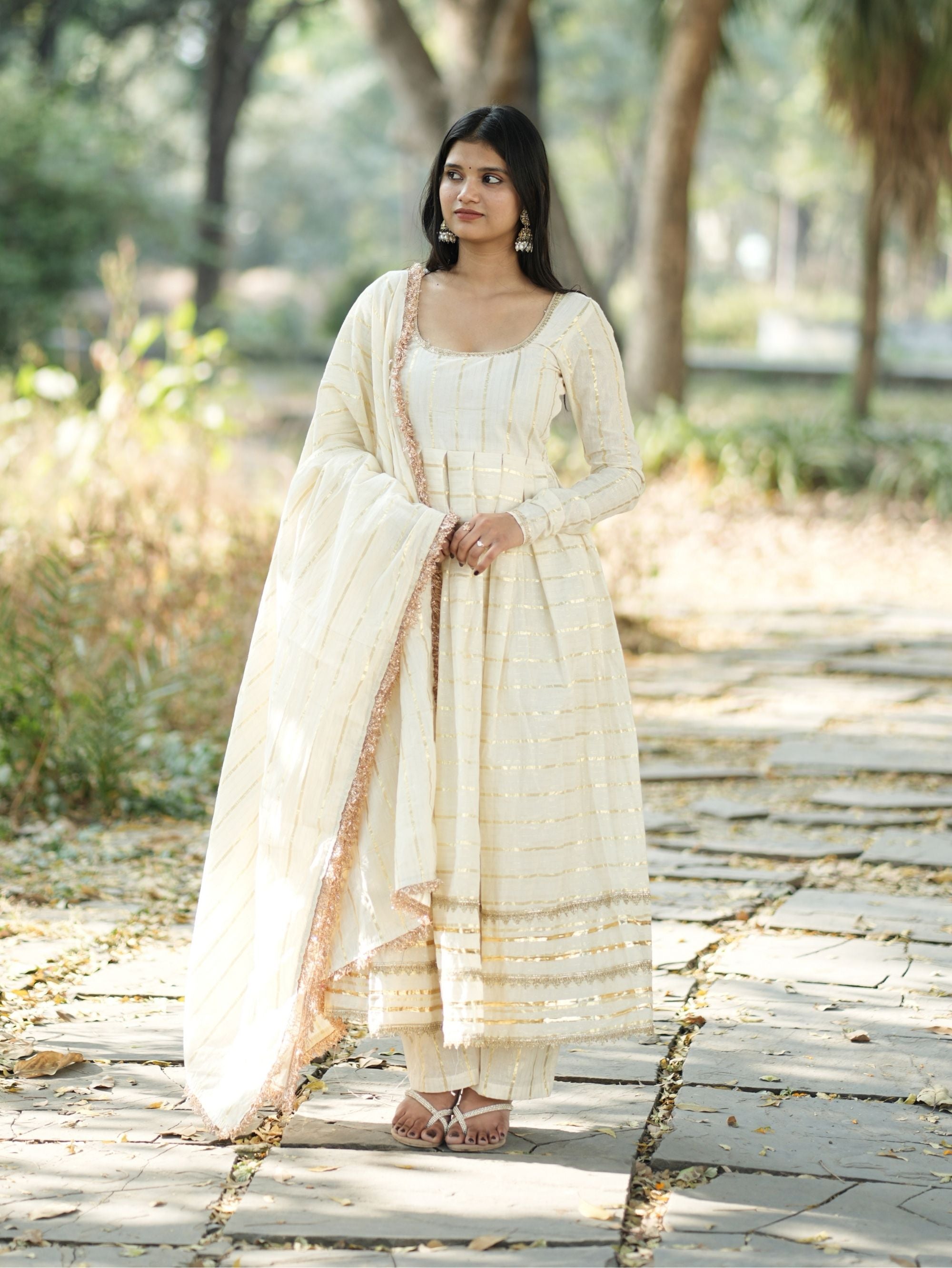 Mastani Noor Beige Cotton Anarkali 3 Piece Suit Set with Zari Work
