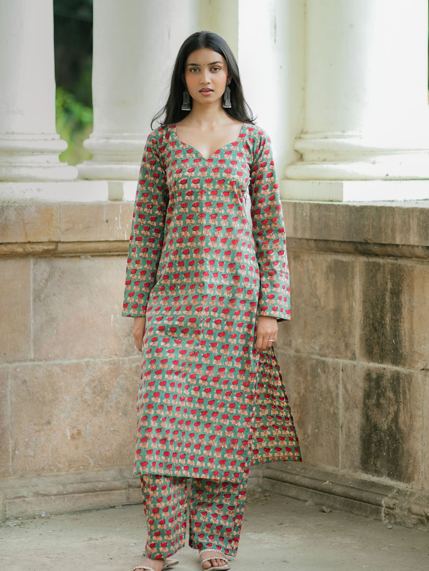 Fida Green Handblock Cotton Kurta Pant Set