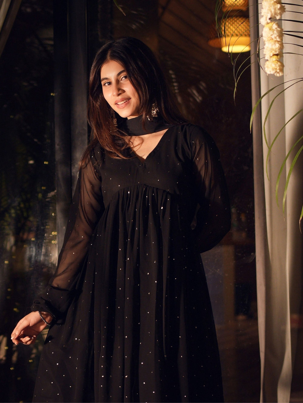 Cham Cham Black Alia Cut Three Piece Anarkali Set