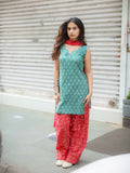 Ruby Sage Green & Red Farshi Salwar Set with Chiffon Dupatta