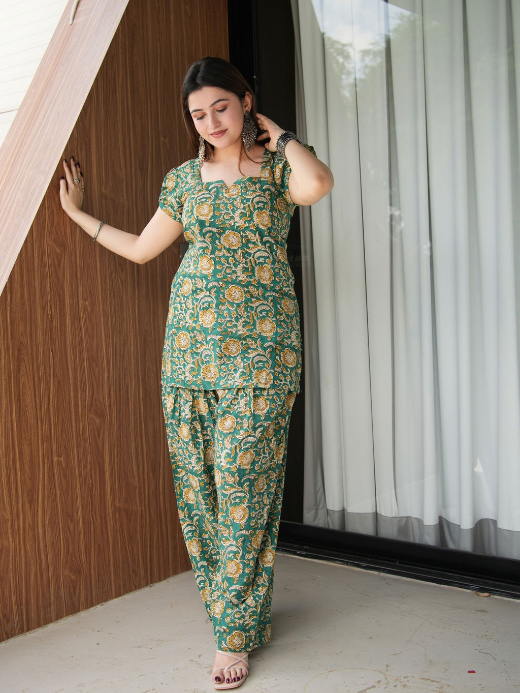 Virsa Green Handblock Cotton Two Piece Farshi Set