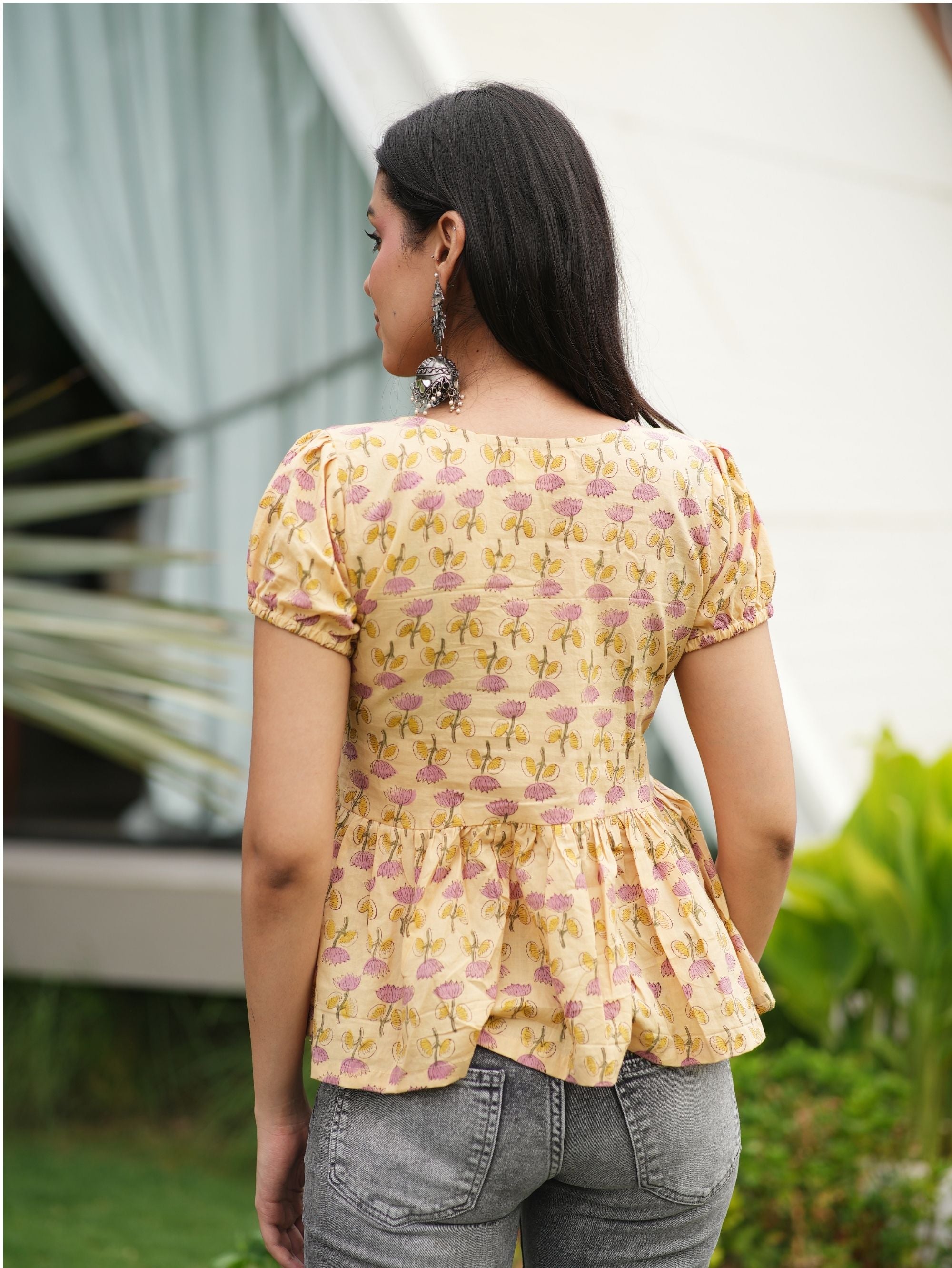 Maya Handblock Cotton Wrap Top for Women - V Neck Puff Sleeve Top