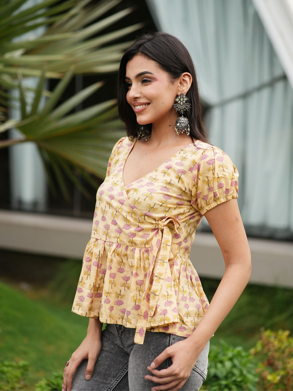 Maya Handblock Cotton Wrap Top for Women - V Neck Puff Sleeve Top