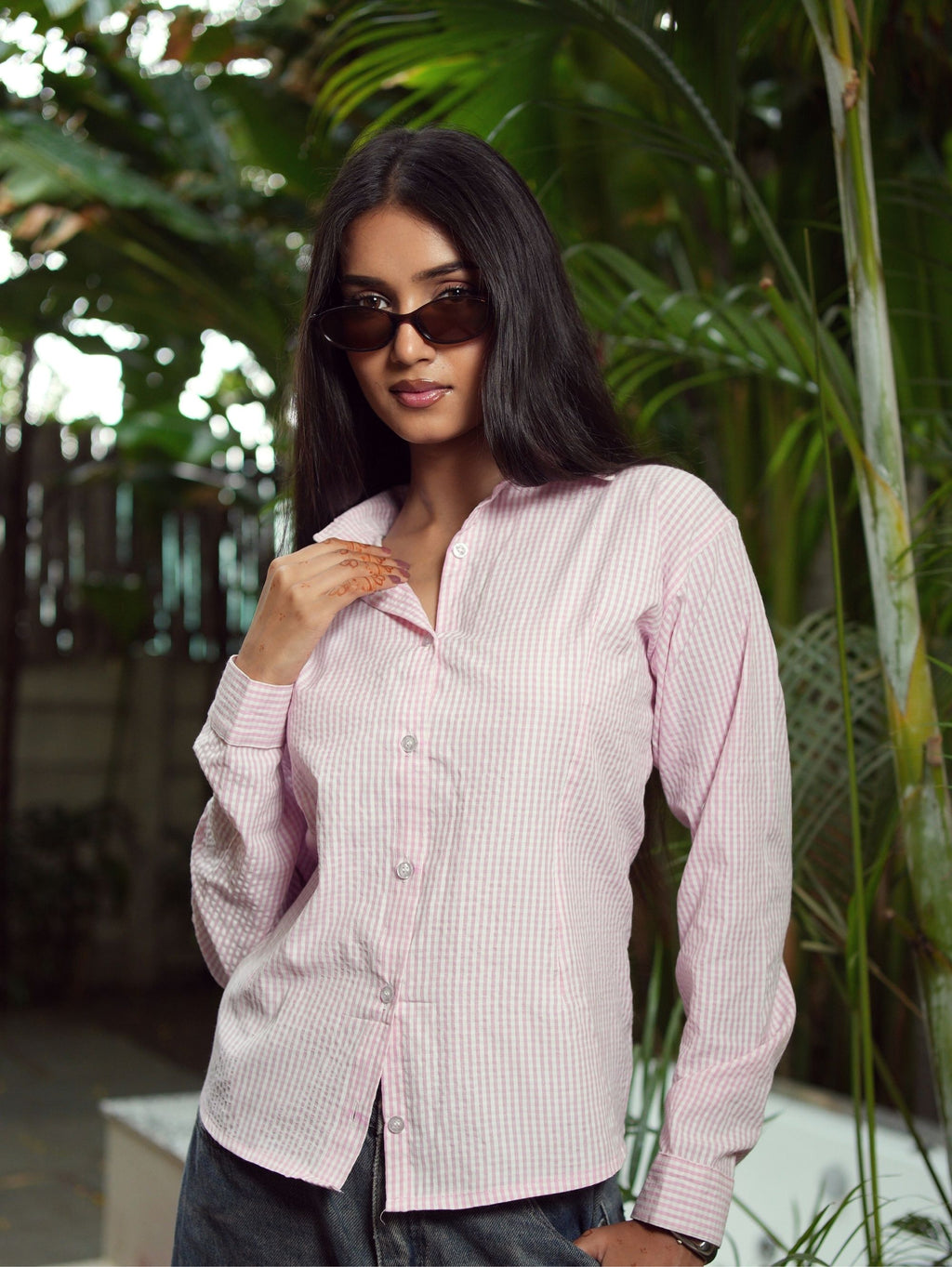 Zara Pink Seersucker Cotton Shirt for Women - Full Sleeve Collared Shirt