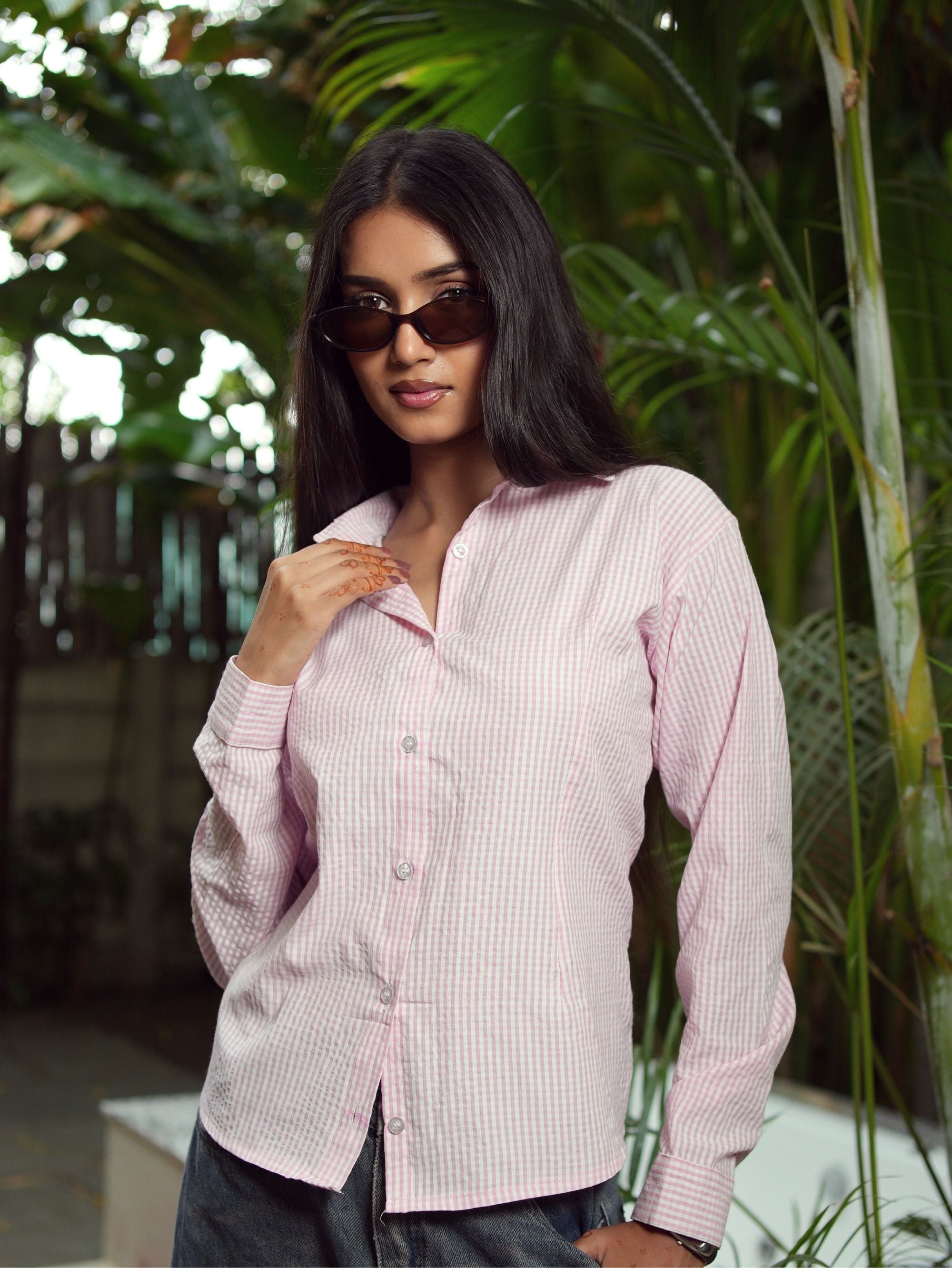 Zara Pink Seersucker Cotton Shirt for Women - Full Sleeve Collared Shirt