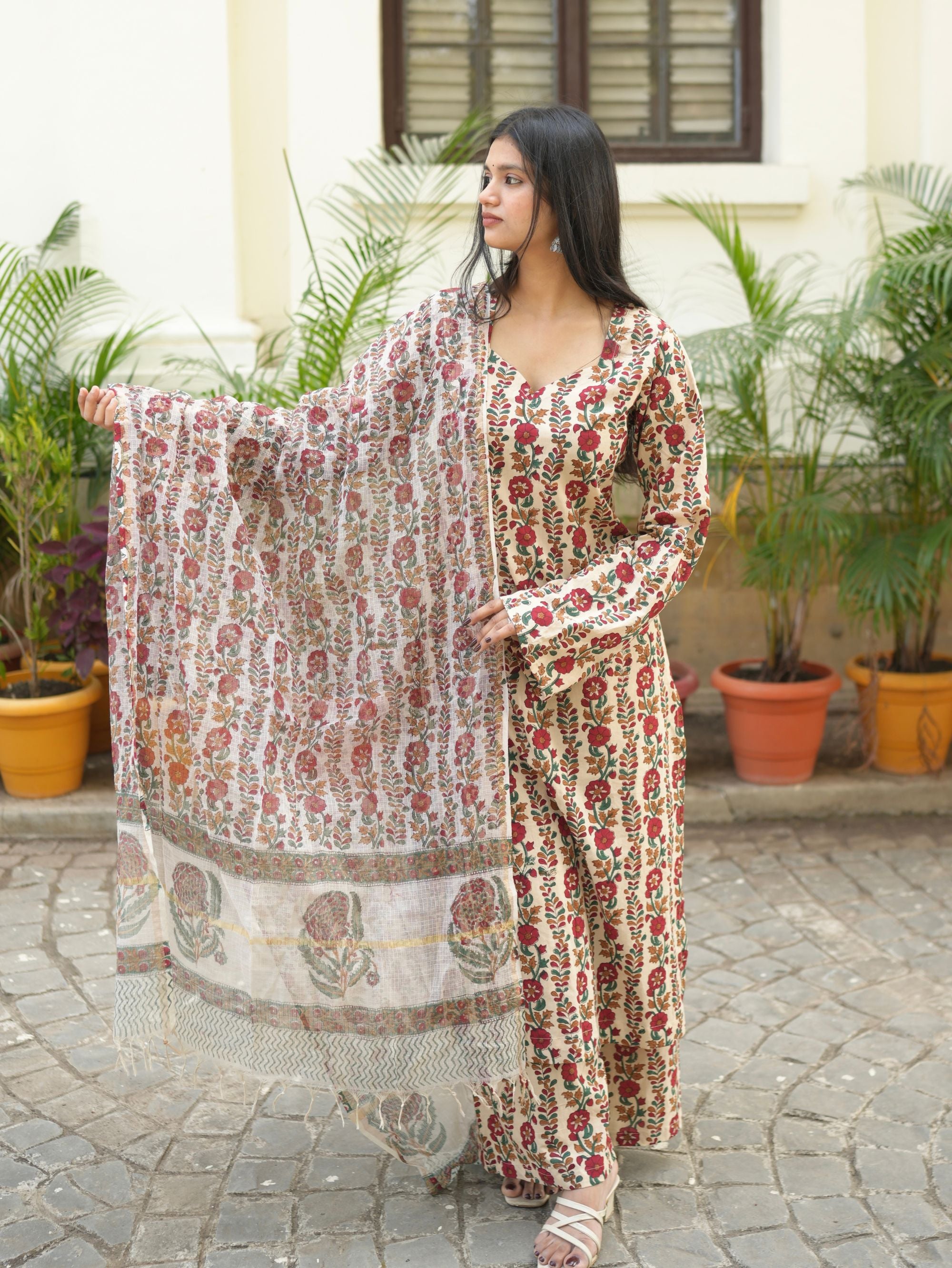 Biba Beige Handblock Cotton Straight Suit Set